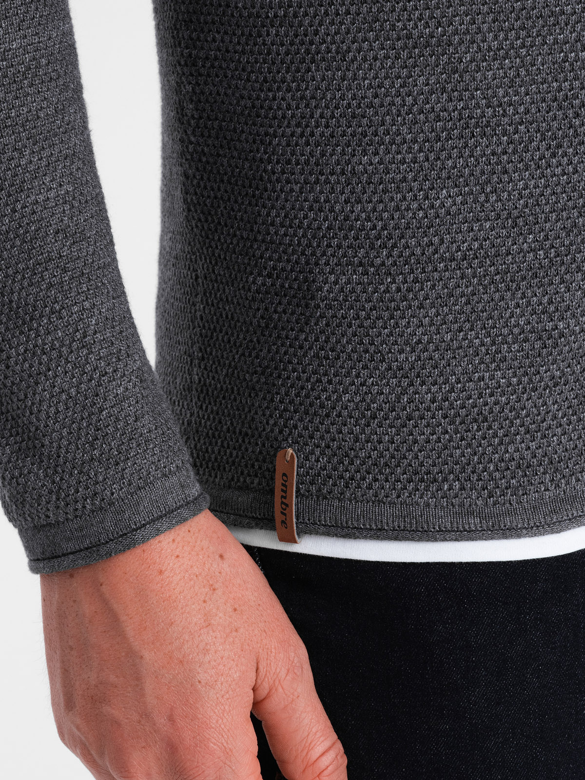Ombre Men's cotton sweater with round neckline - graphite melange