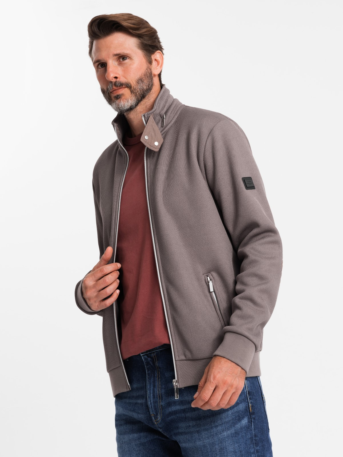 Ombre Men&#039;s jacket with high collar and fleece interior - ash