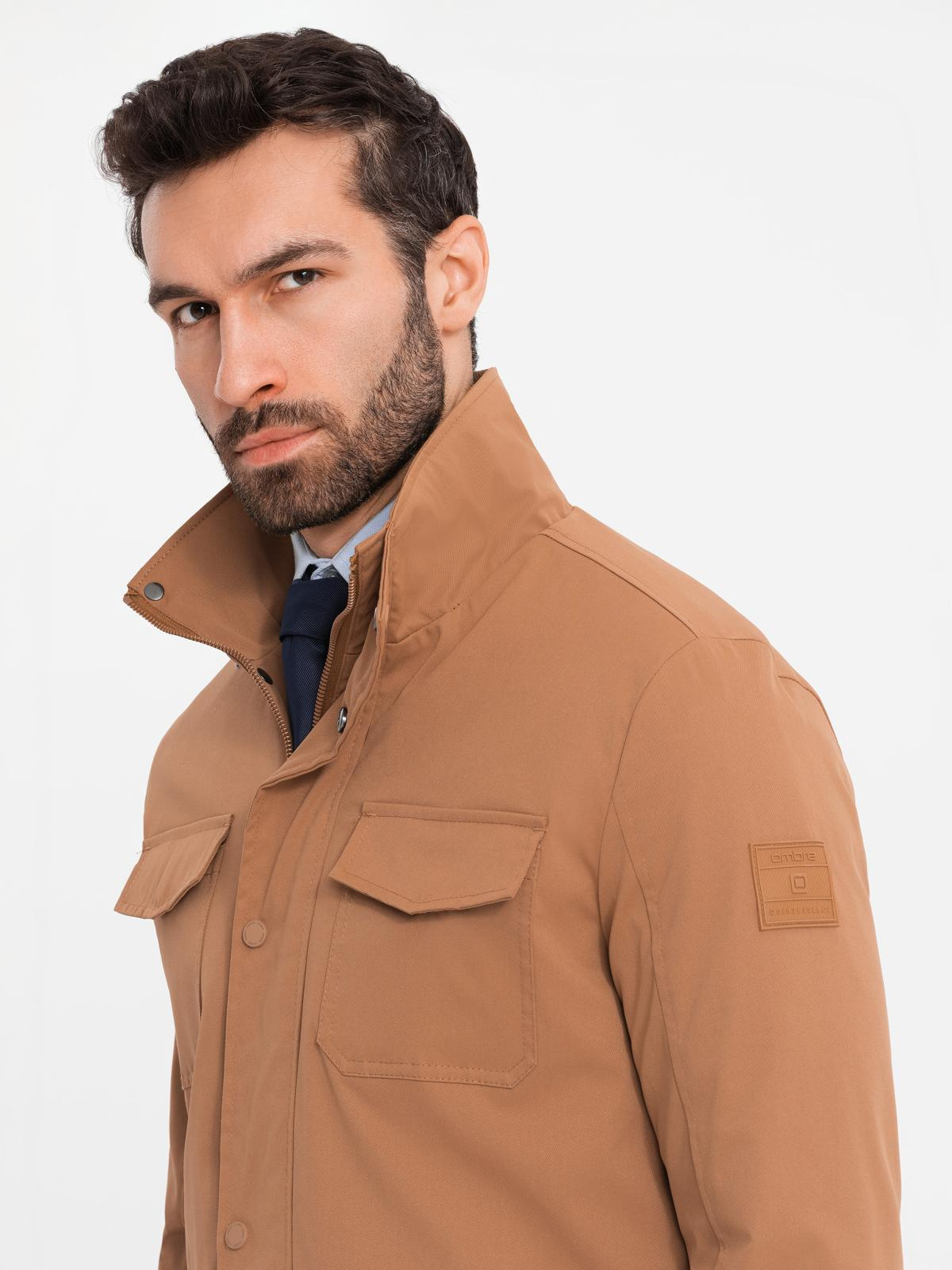 Ombre Men&#039;s lightweight jacket with pockets and high collar - brown