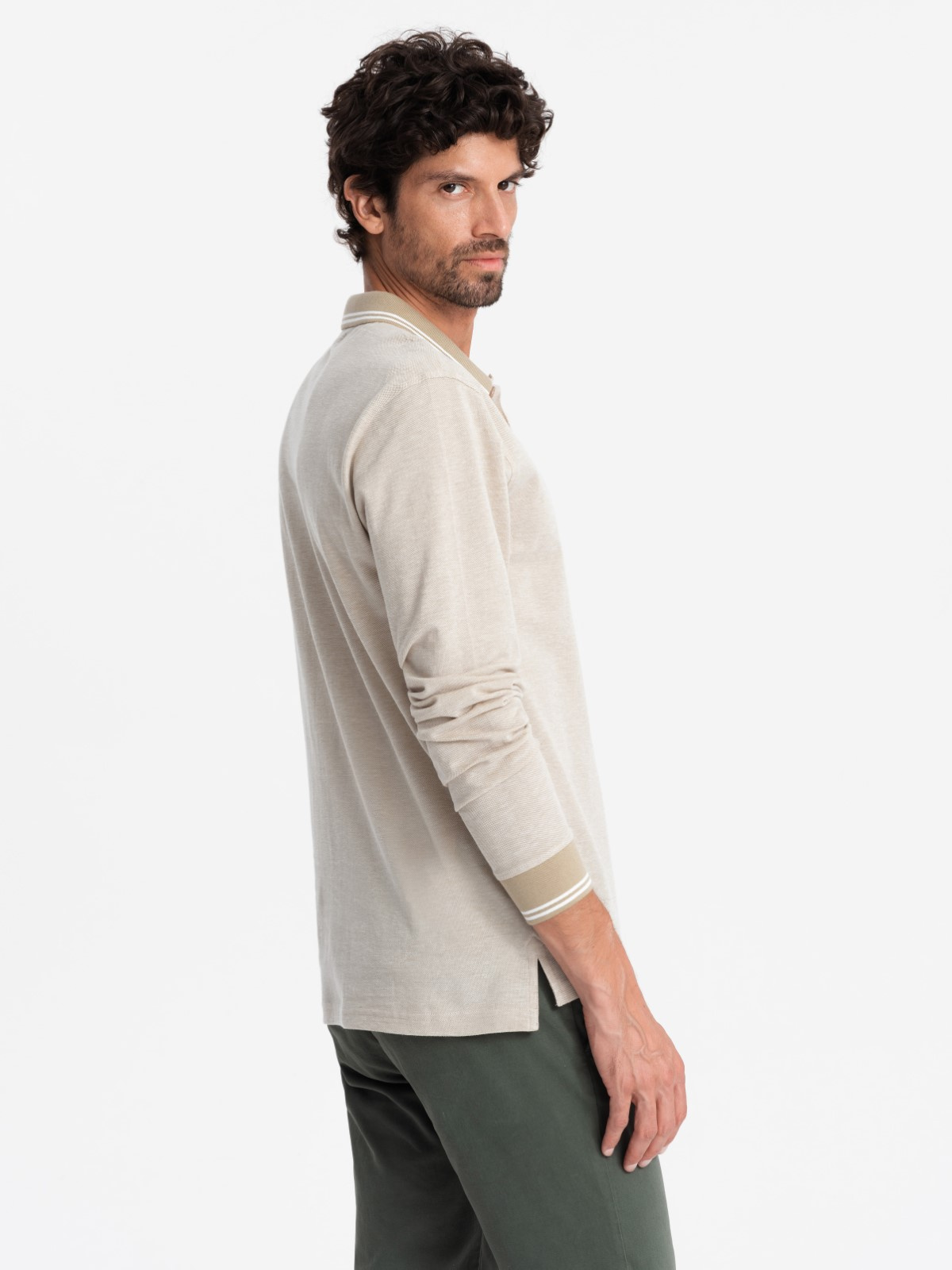 Ombre Men's melange polo longsleeve with embroidery - sand melange