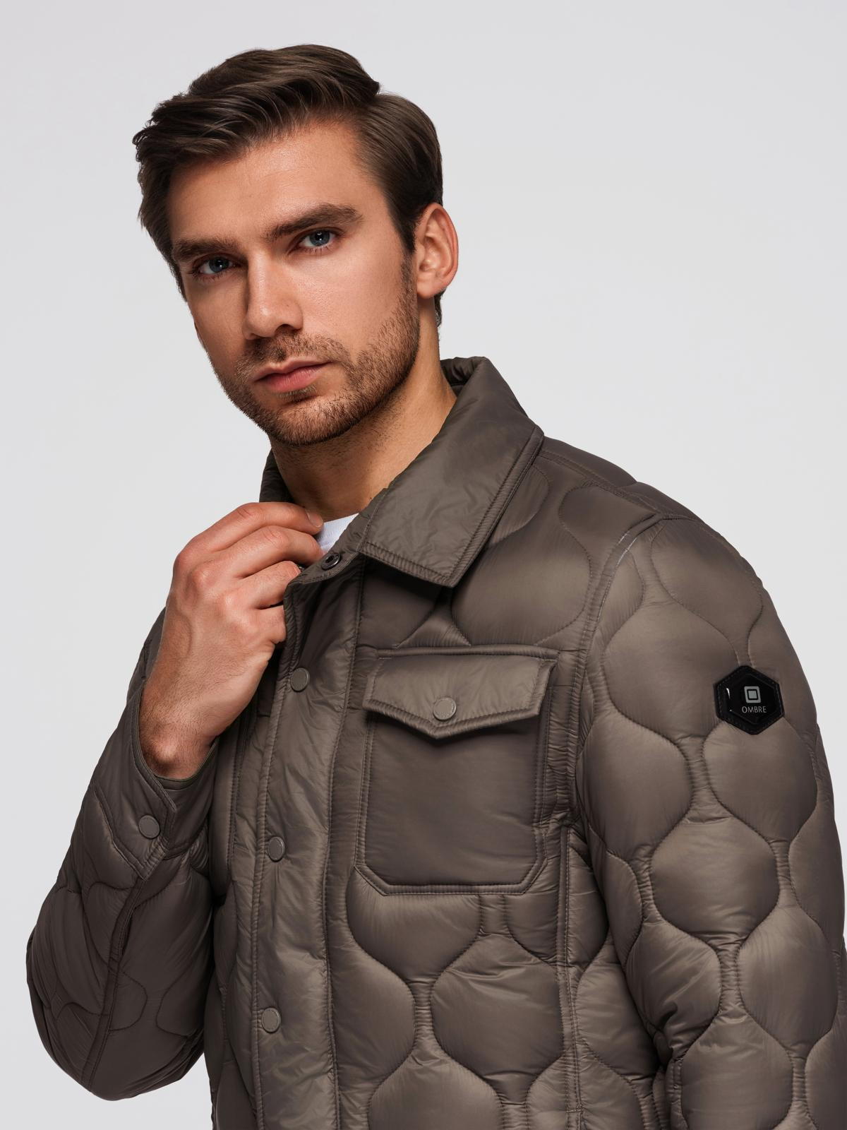 Ombre Men&#039;s quilted jacket in shirt cut - khaki