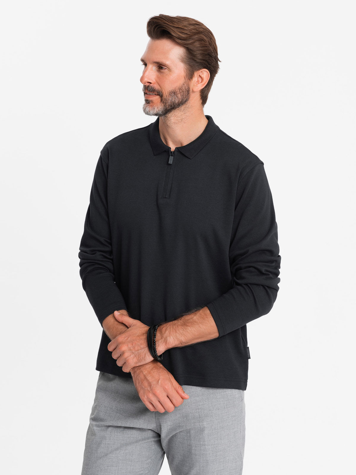 Ombre Men's longsleeve with zippered polo collar - black