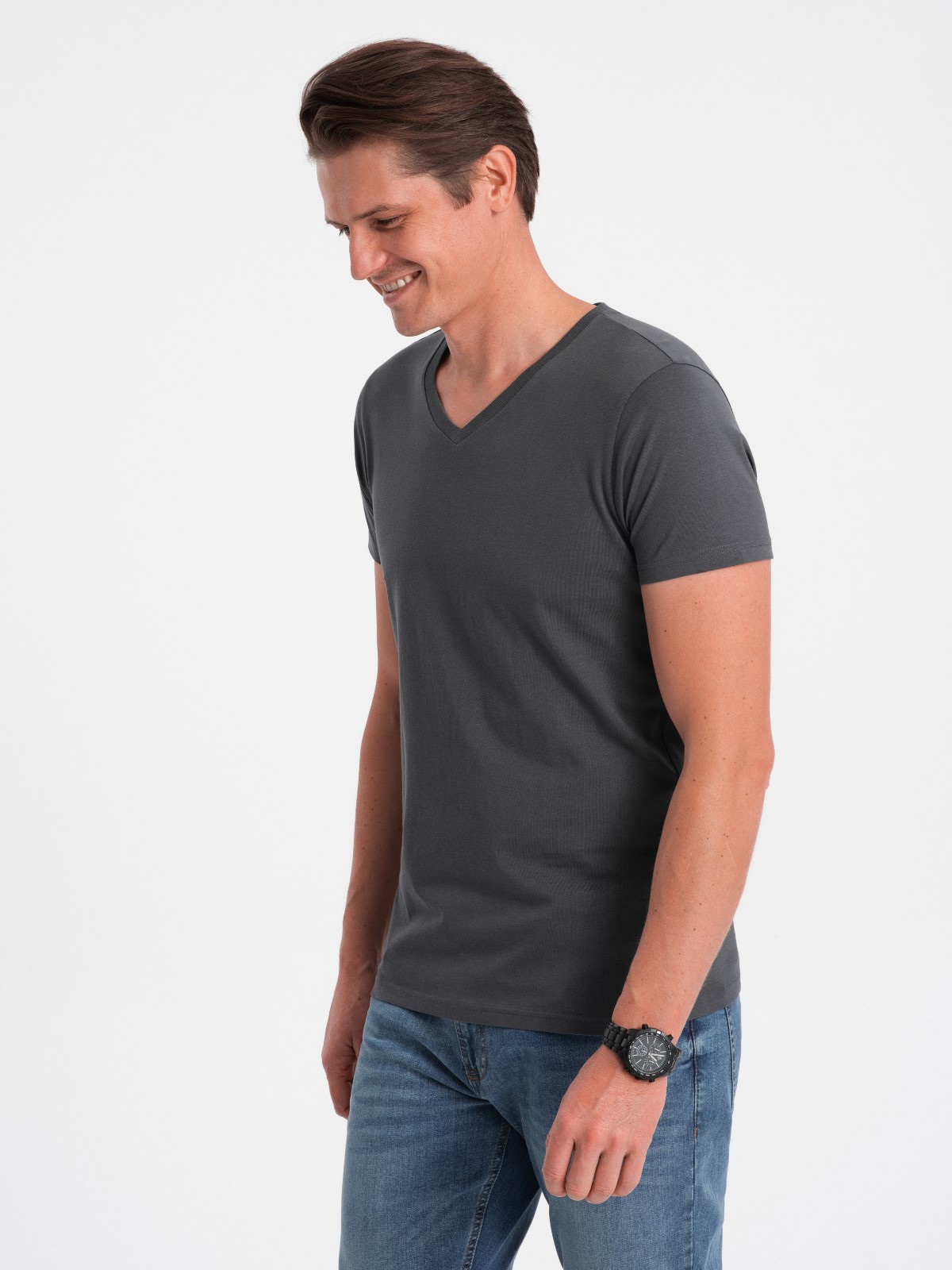 Levně Ombre BASIC men's classic cotton T-shirt with a crew neckline - graphite