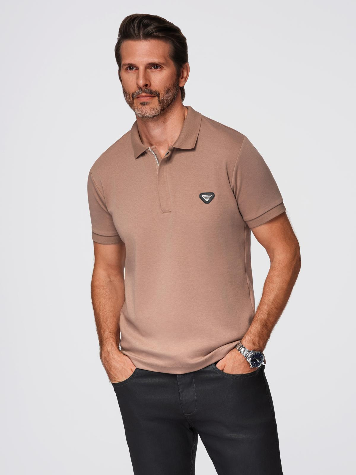 Ombre Men's polo shirt with zipper neckline - light brown