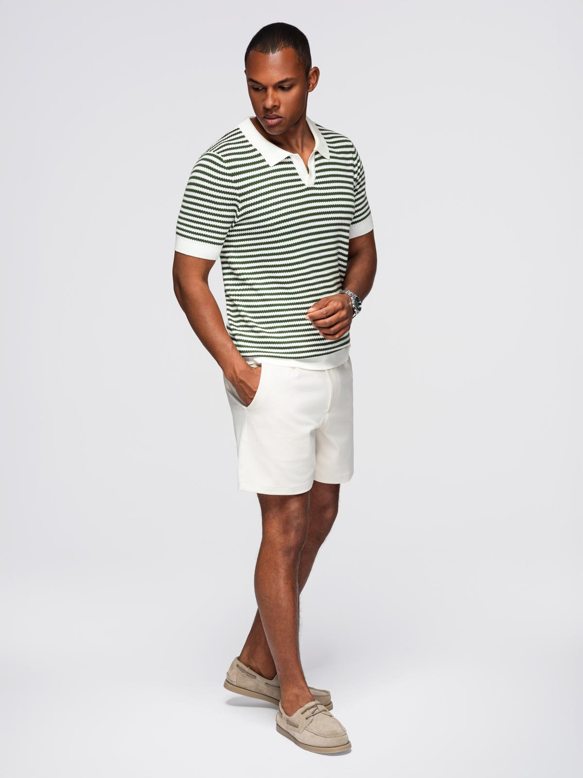 Ombre Men's knitted buttonless polo shirt with navy stripes - white and olive