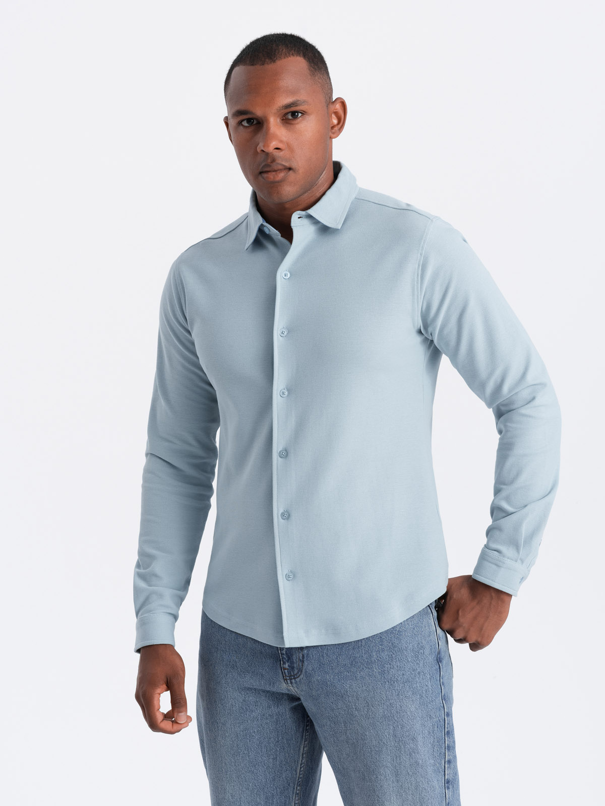 Ombre Men&#039;s long sleeve knitted SLIM FIT shirt - blue
