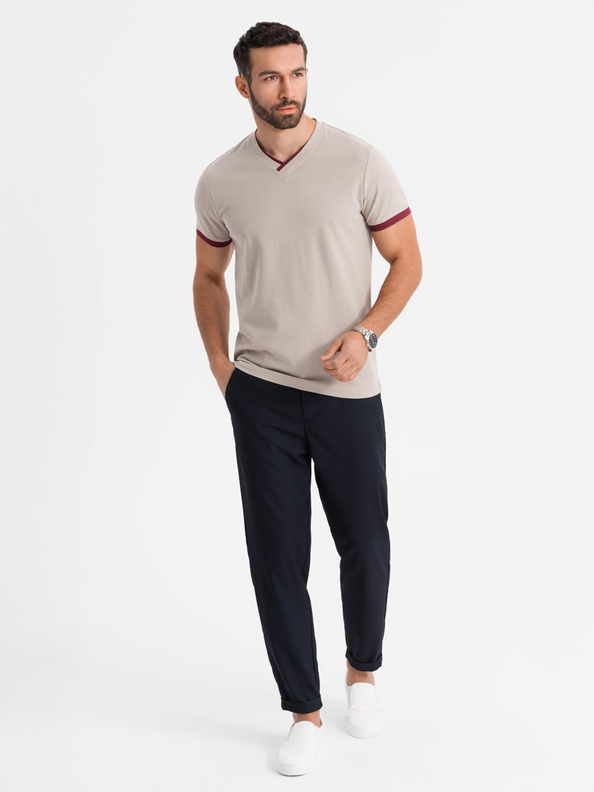 Ombre Men's T-shirt with contrasting inserts and v-neck - beige