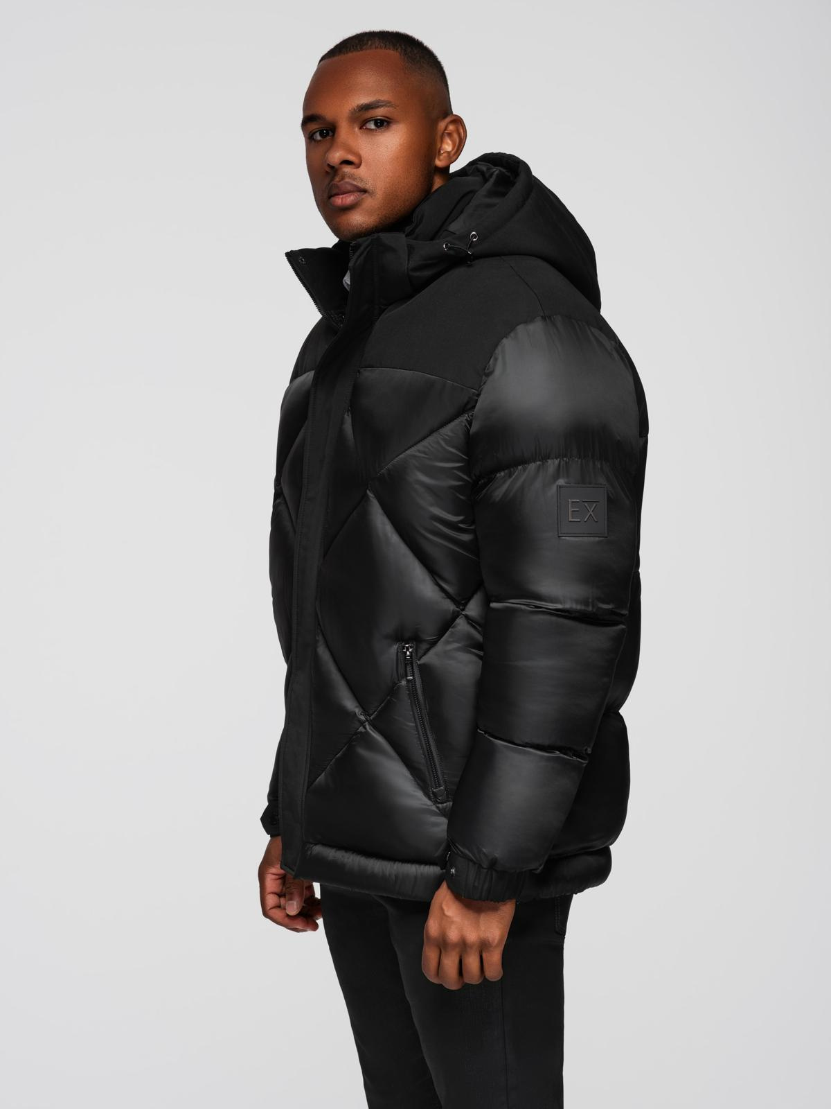 Ombre Men&#039;s hooded jacket with geometric diamond quilting - black