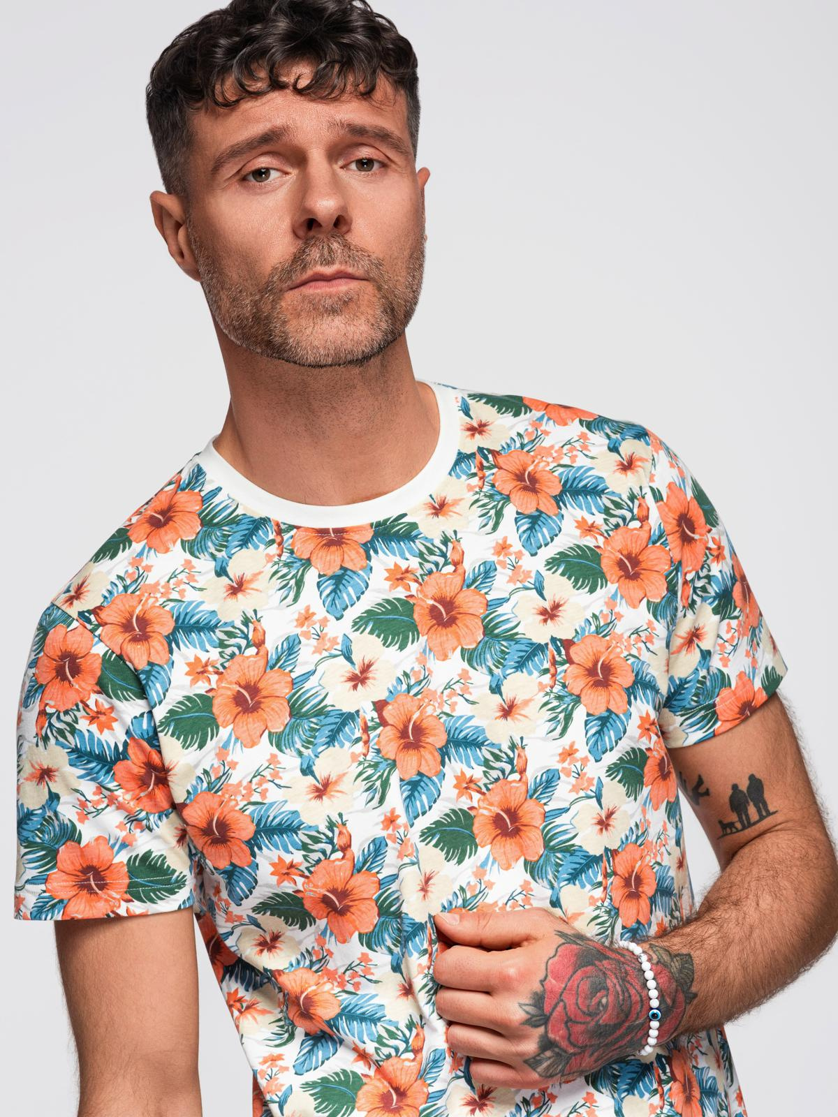 Ombre Men's cotton t-shirt with floral full print pattern - white