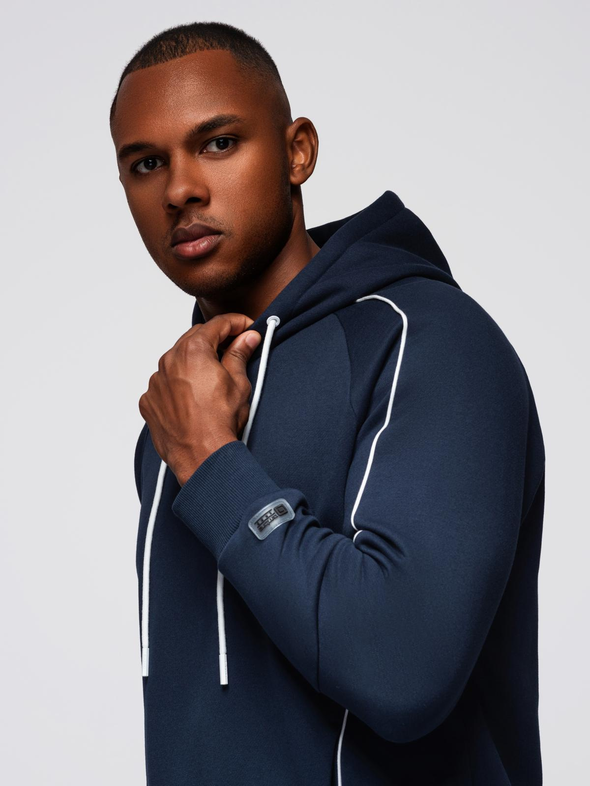 Ombre Men's sweatshirt with contrast stitching and hood - navy blue