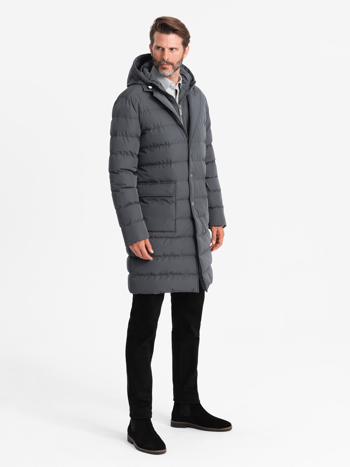 Ombre Men&#039;s long quilted jacket with lapels and lining - graphite