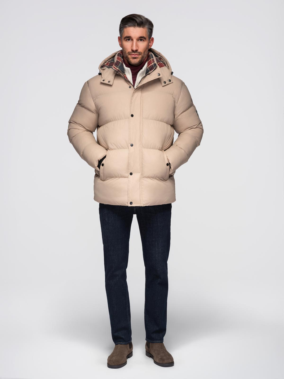 Ombre Men&#039;s puffer jacket with check lining - beige