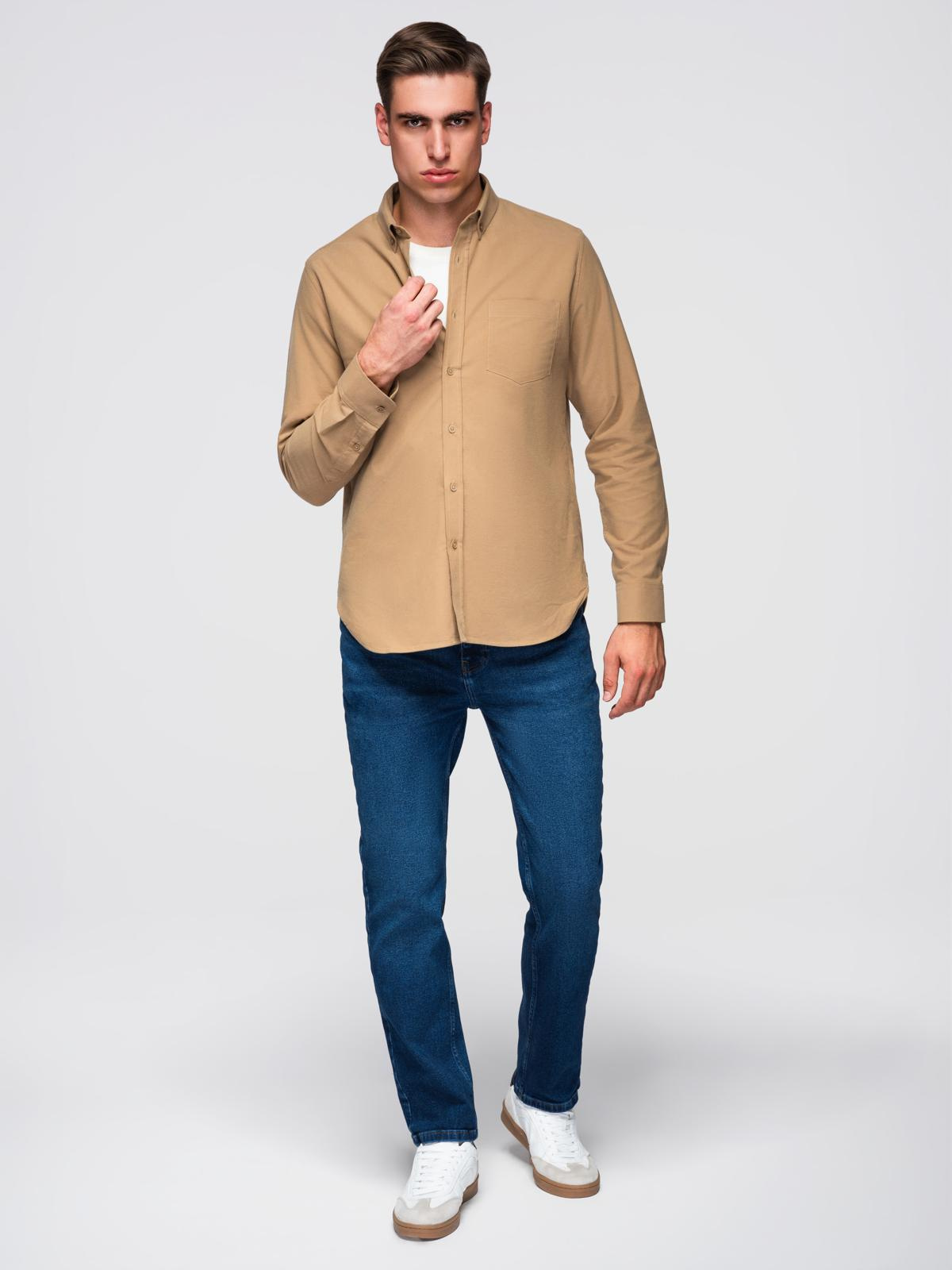 Ombre Men&#039;s REGULAR FIT cotton shirt with pocket - light brown