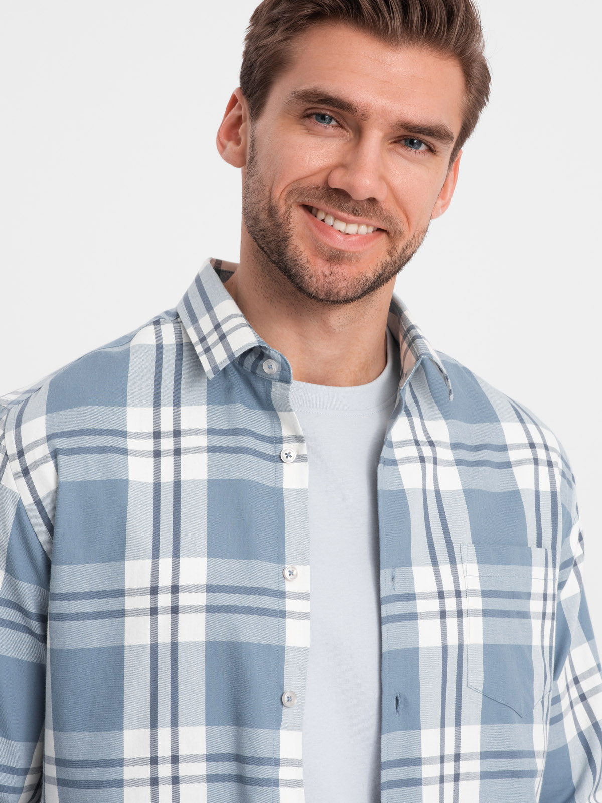 Ombre Classic men&#039;s flannel cotton plaid shirt - blue and cream