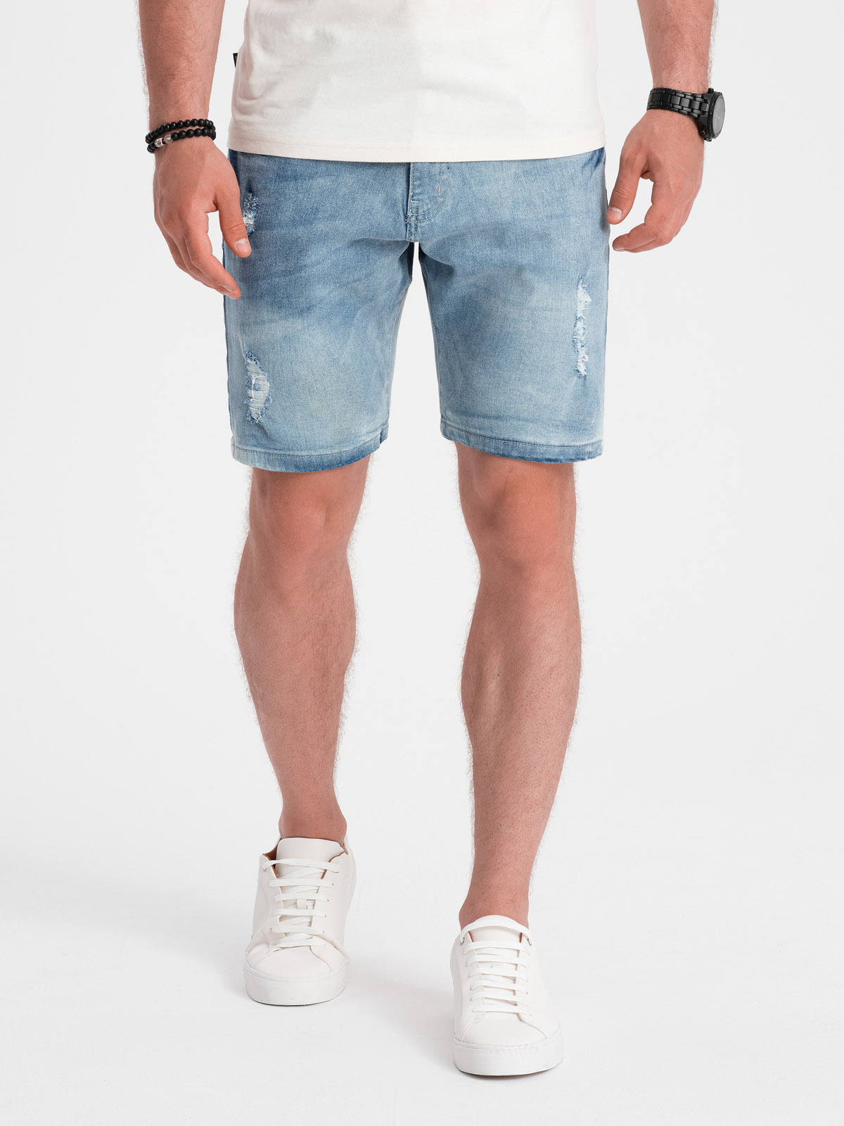 Ombre Men's Denim Short Shorts With Holes - Light Blue