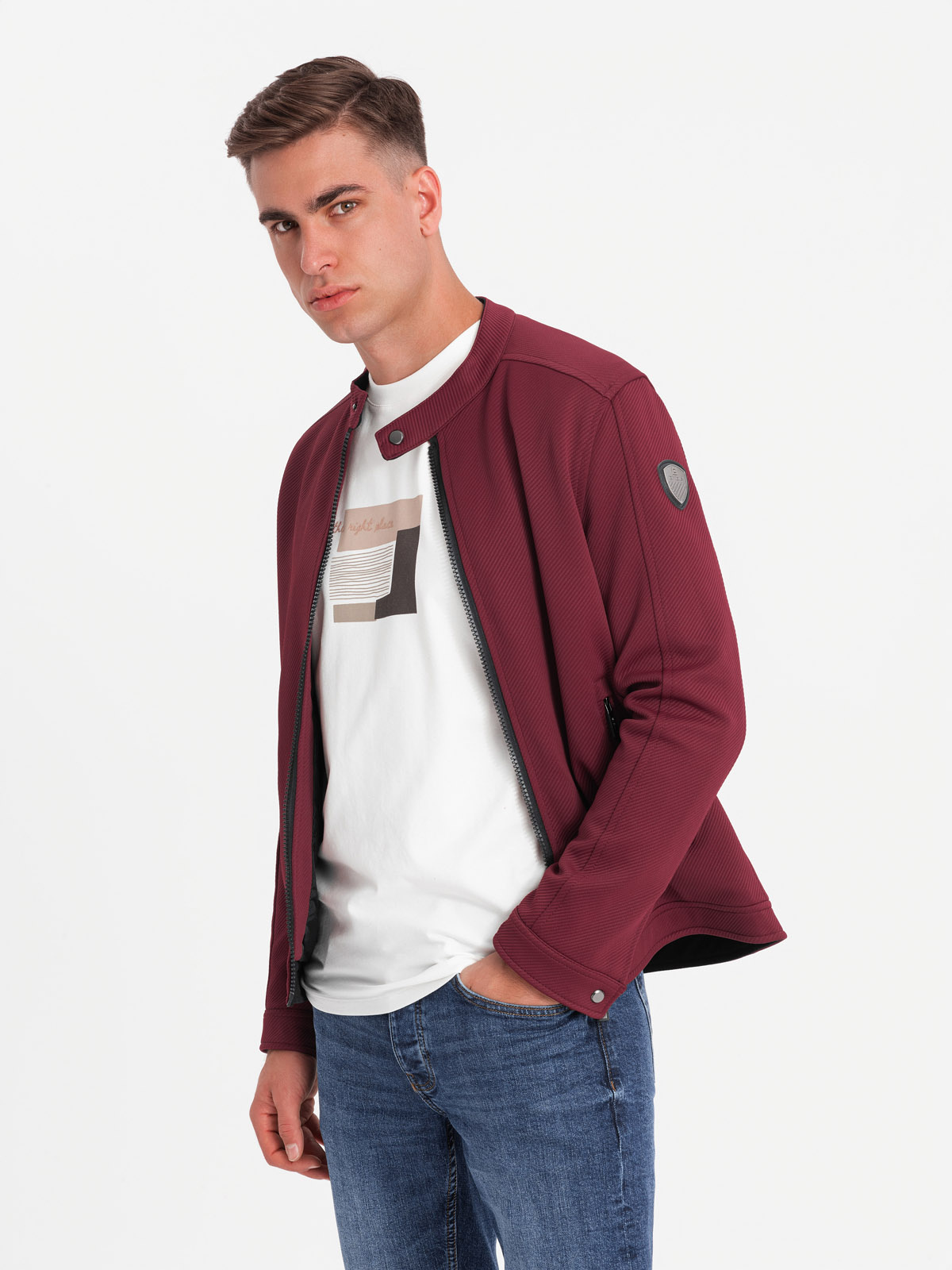 Ombre Men's BIKER jacket in structured fabric - maroon