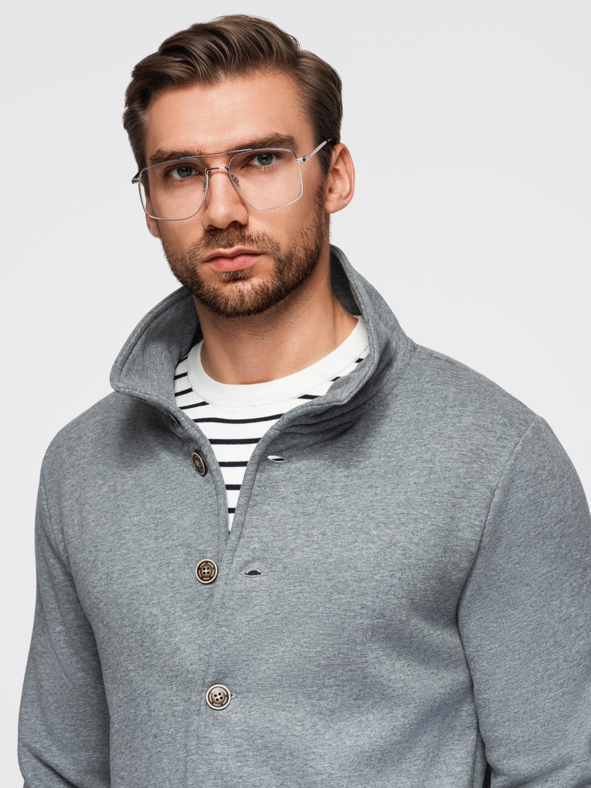 Ombre Men's button-down sweatshirt with stand-up collar - grey melange