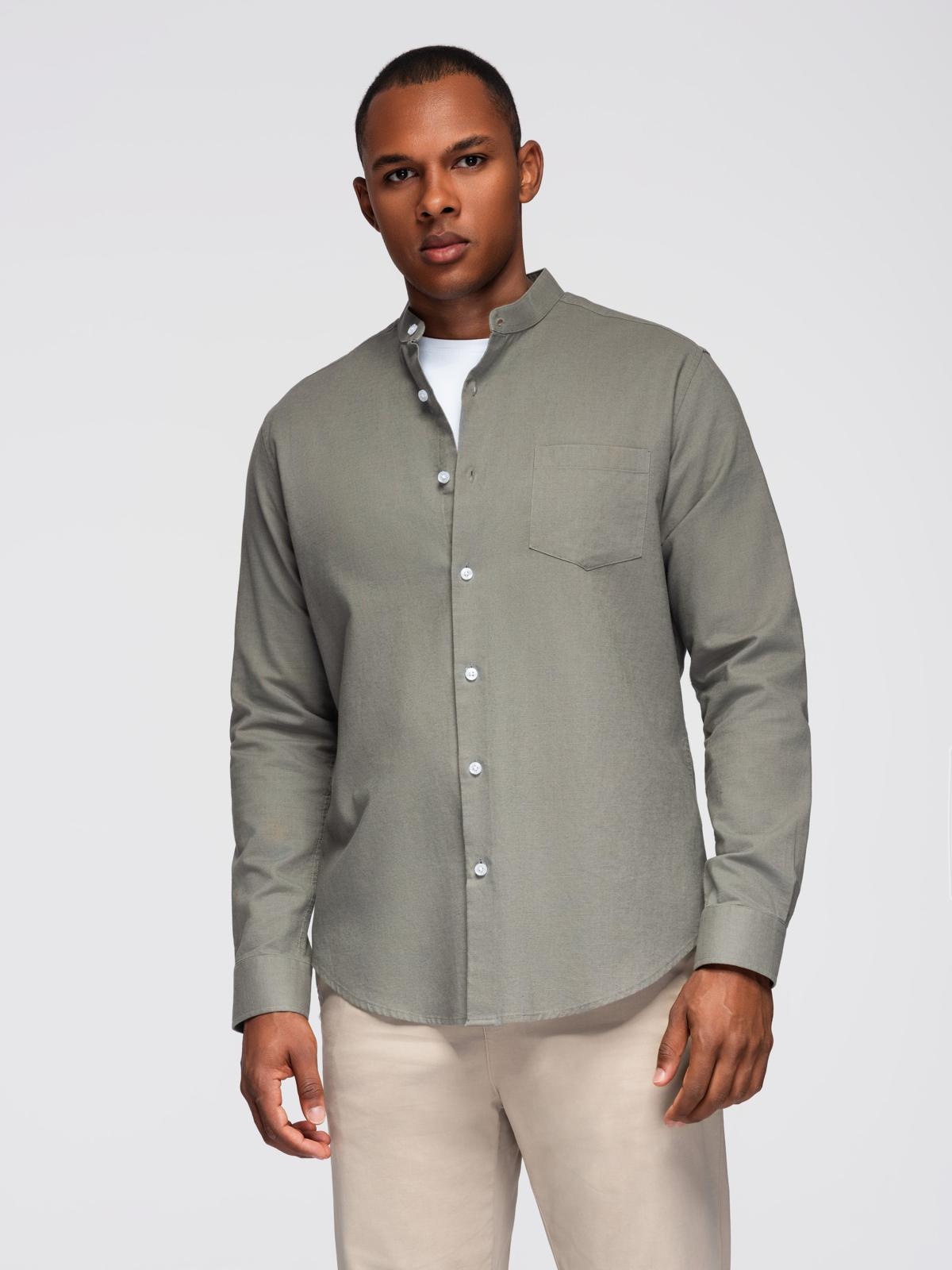 Ombre Men's linen shirt with stand-up collar and pocket REGULAR FIT - khaki