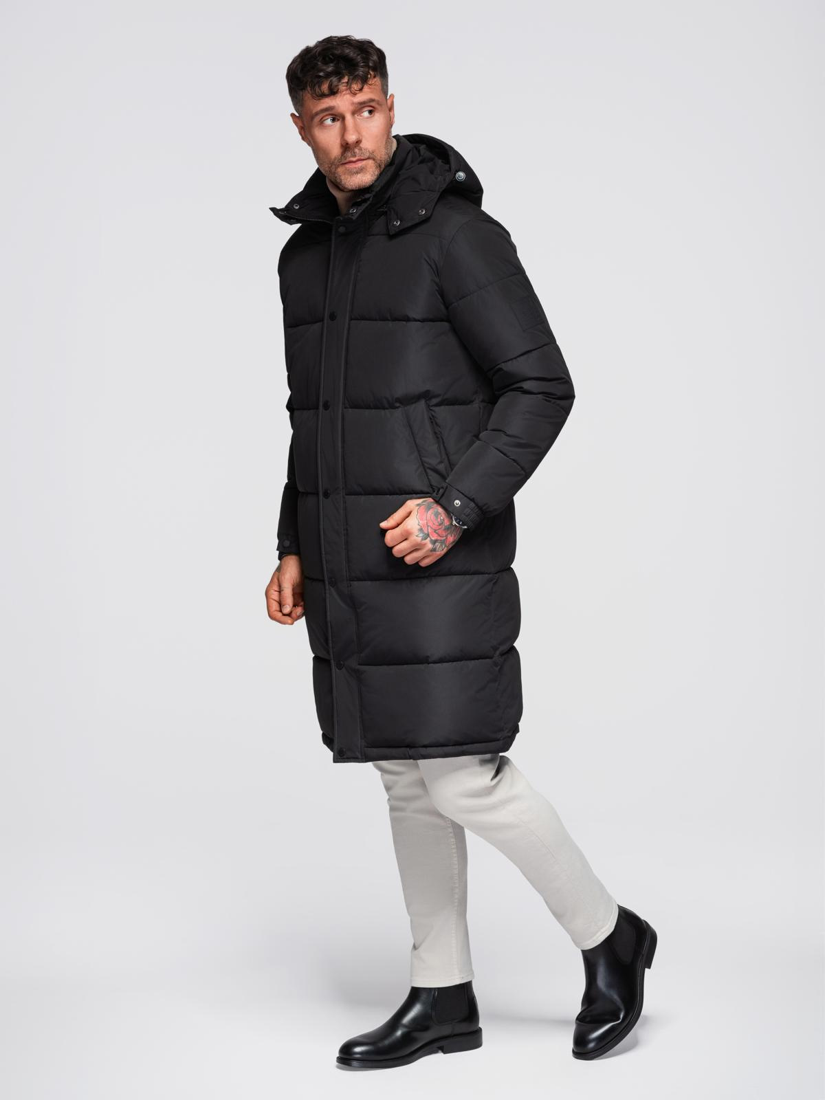 Ombre Men&#039;s long quilted winter jacket with hood - black