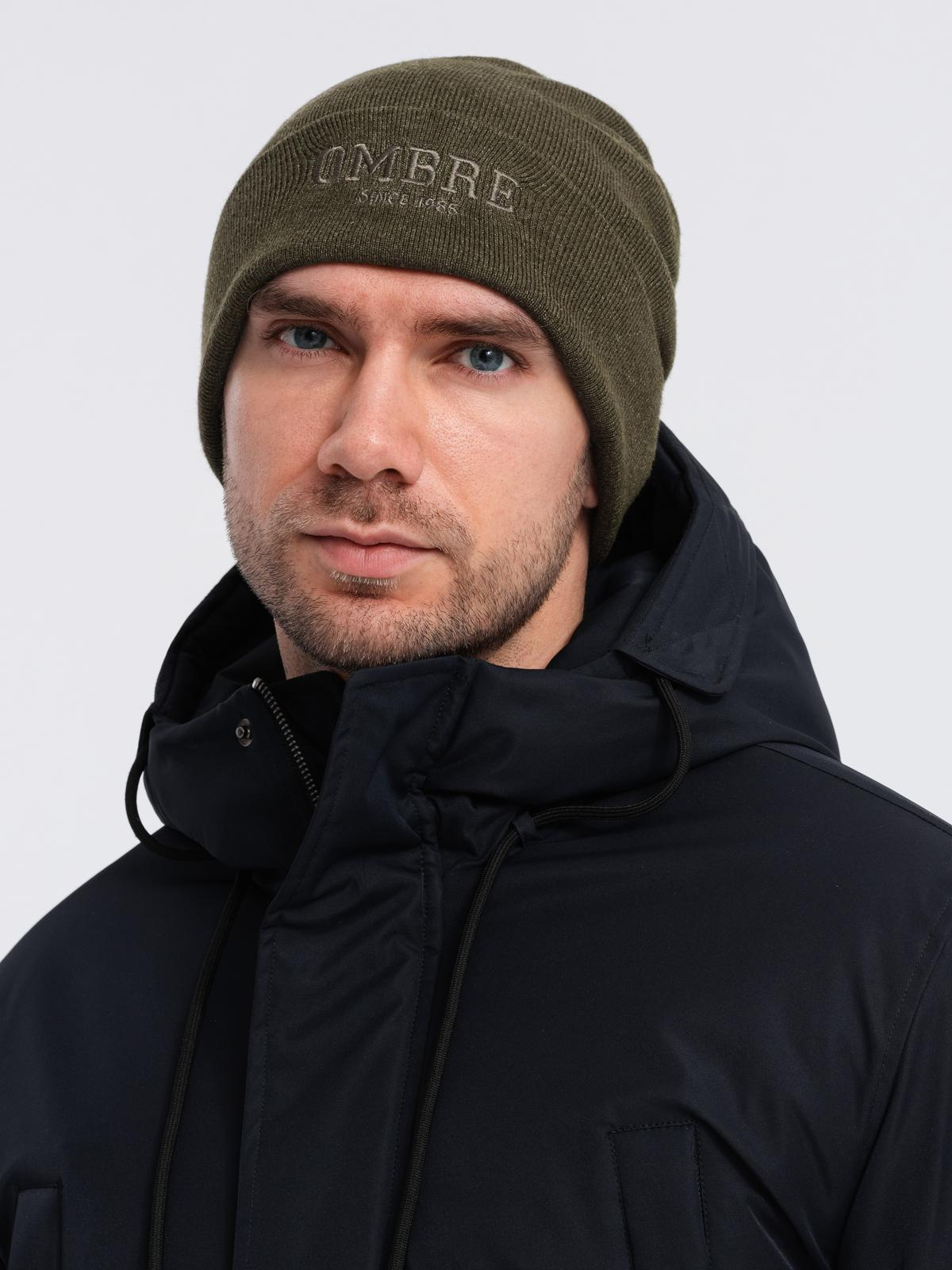 Ombre Men's knitted beanie cap with embroidered inscription - olive