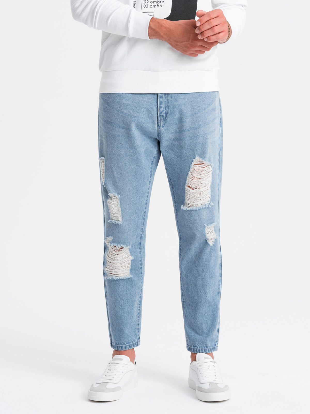 Ombre Men&#039;s TAPERED FIT denim pants with holes - light blue
