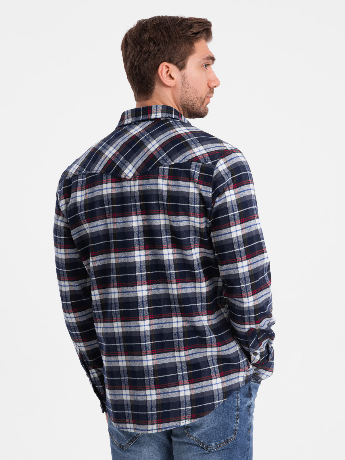 Ombre Men's checkered flannel shirt with pockets - navy blue and red