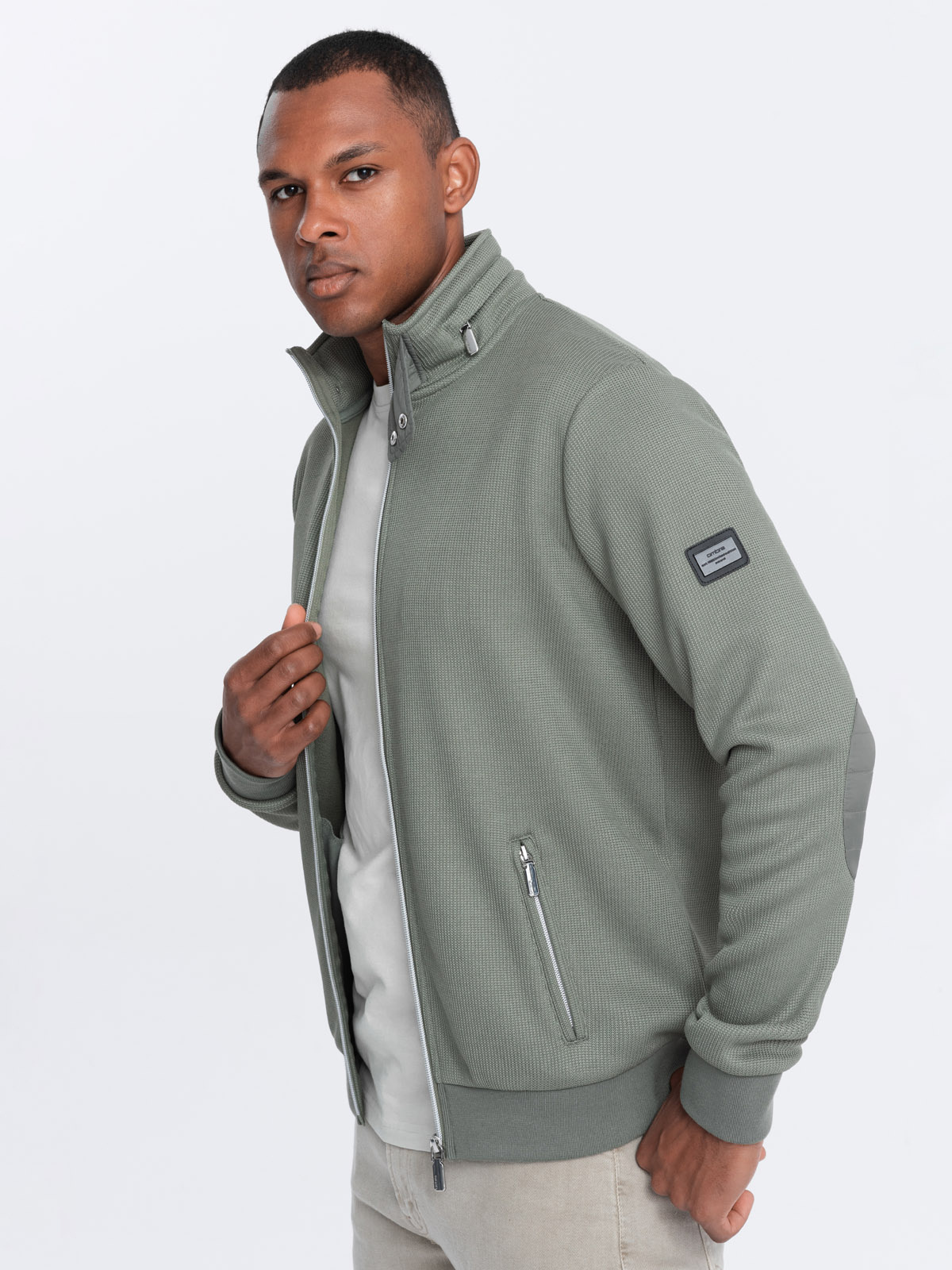 Ombre Men&#039;s jacket with high collar and fleece interior - khaki