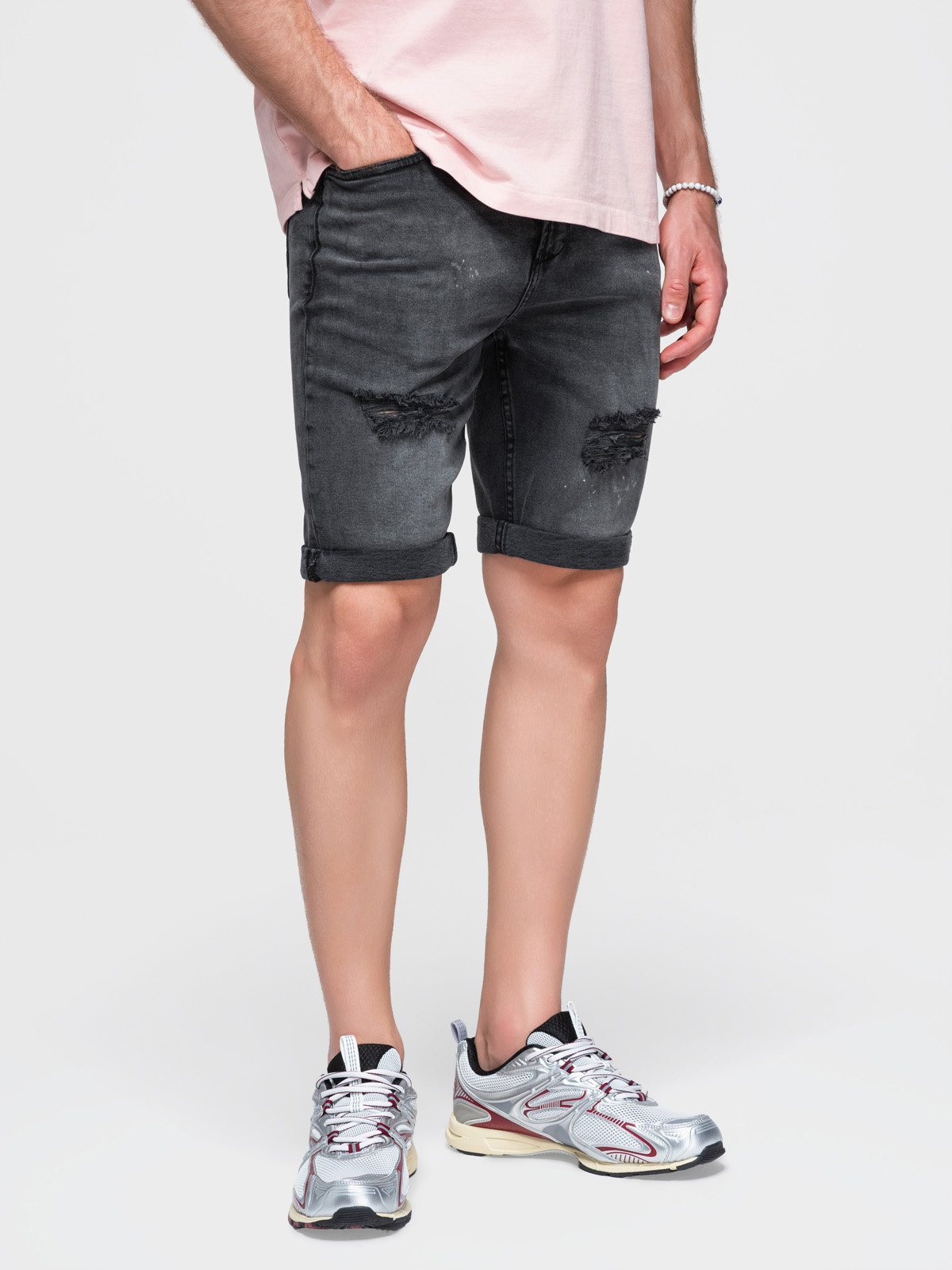 Ombre Men's short denim shorts with rubbing and rolled up leg - gray