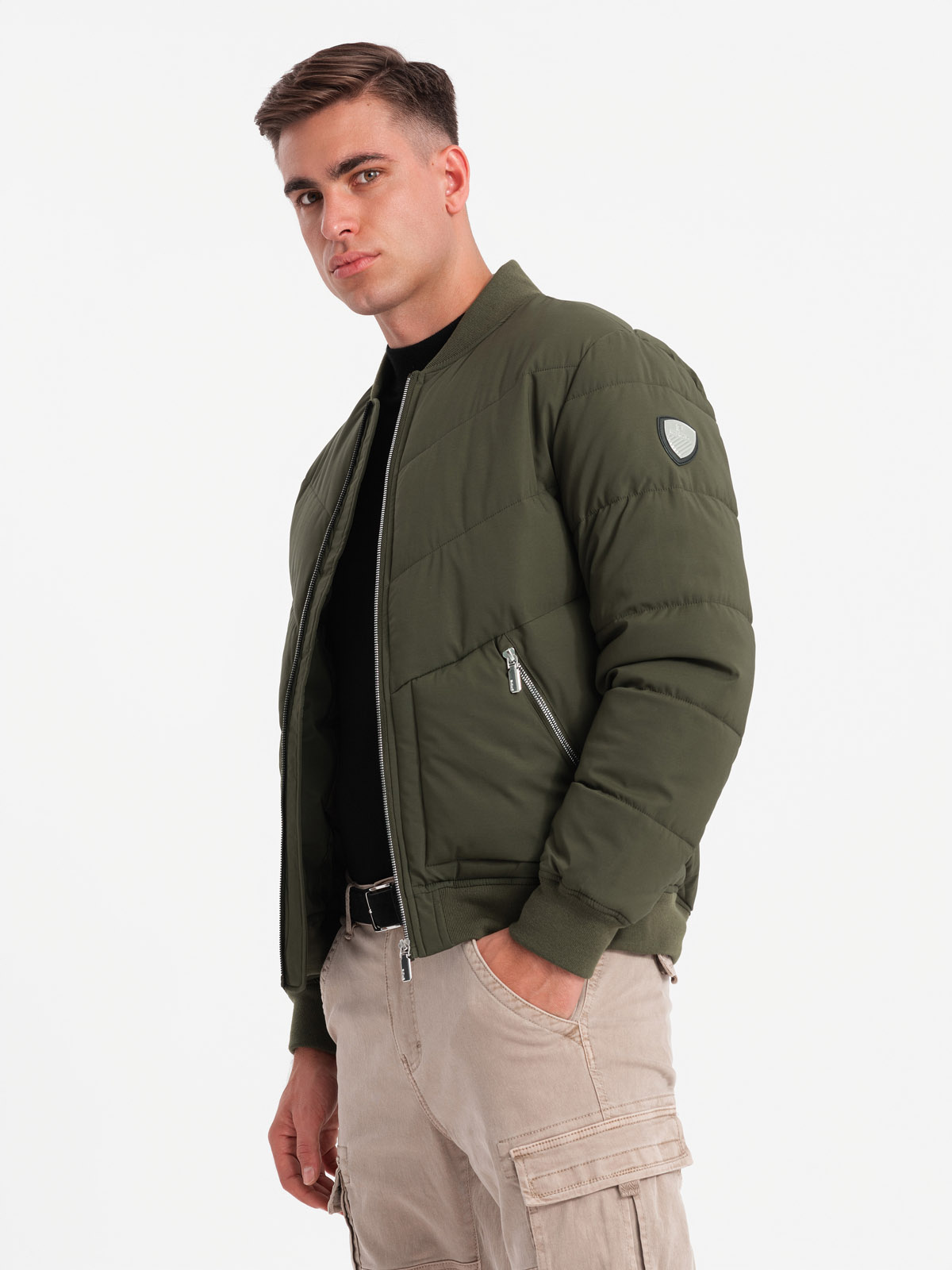 Ombre Men's quilted bomber jacket with metal zippers - dark olive green