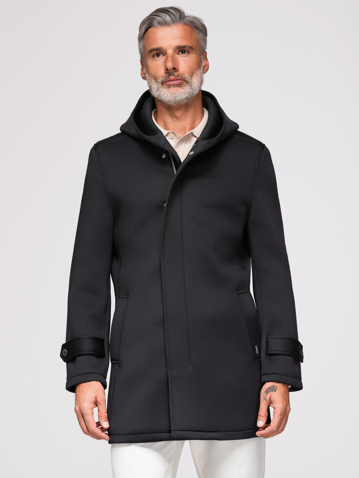Ombre Men's minimalist medium length coat with hood - black