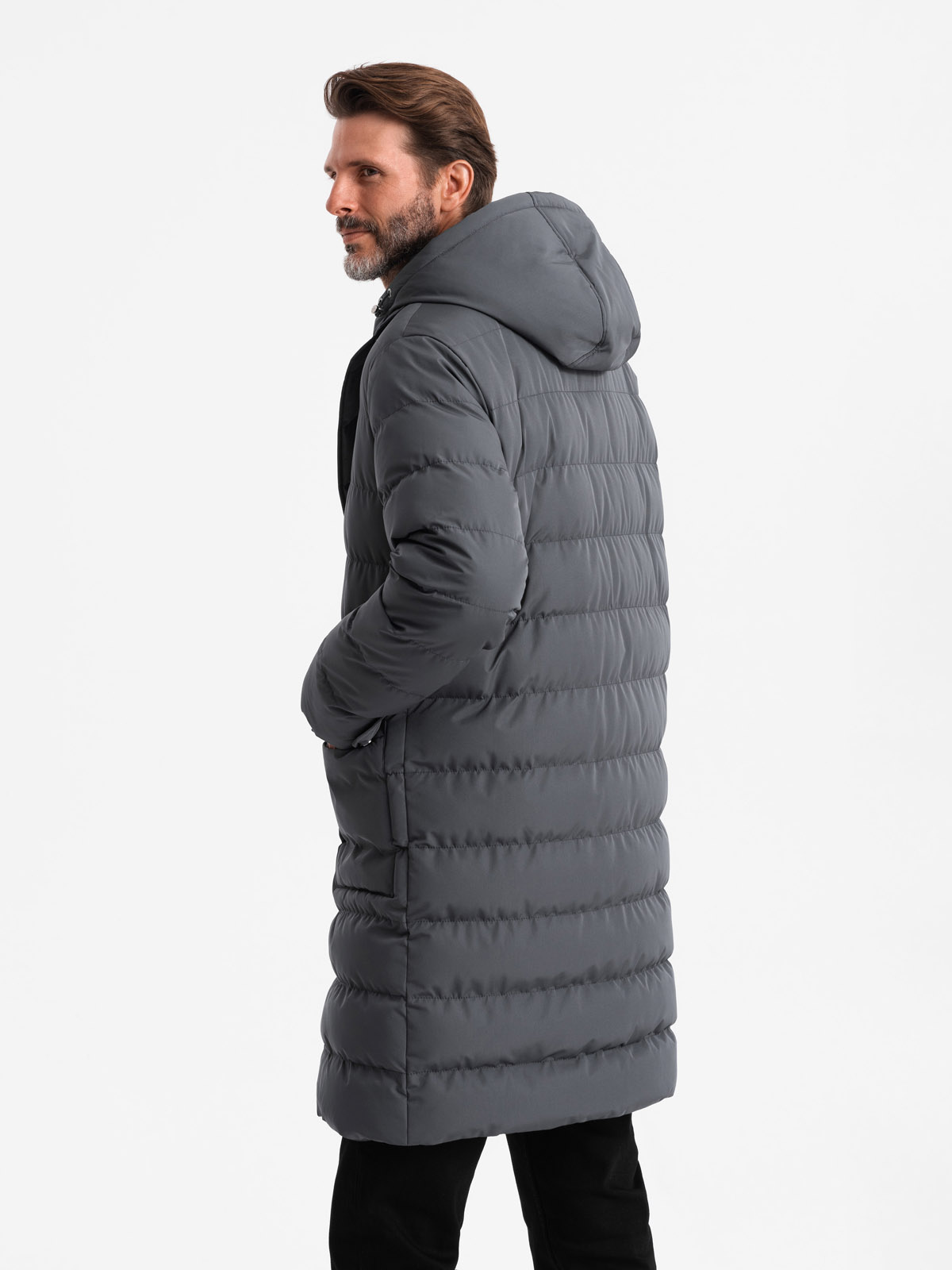Ombre Men&#039;s long quilted jacket with lapels and lining - graphite