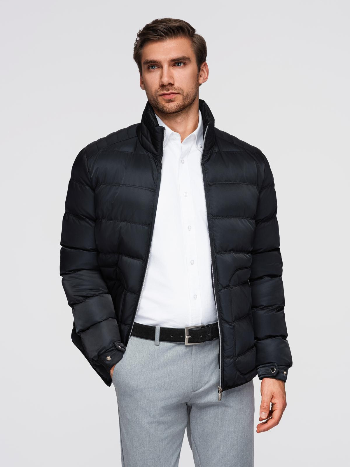Ombre Men&#039;s quilted jacket with gloss and stand-up collar - black