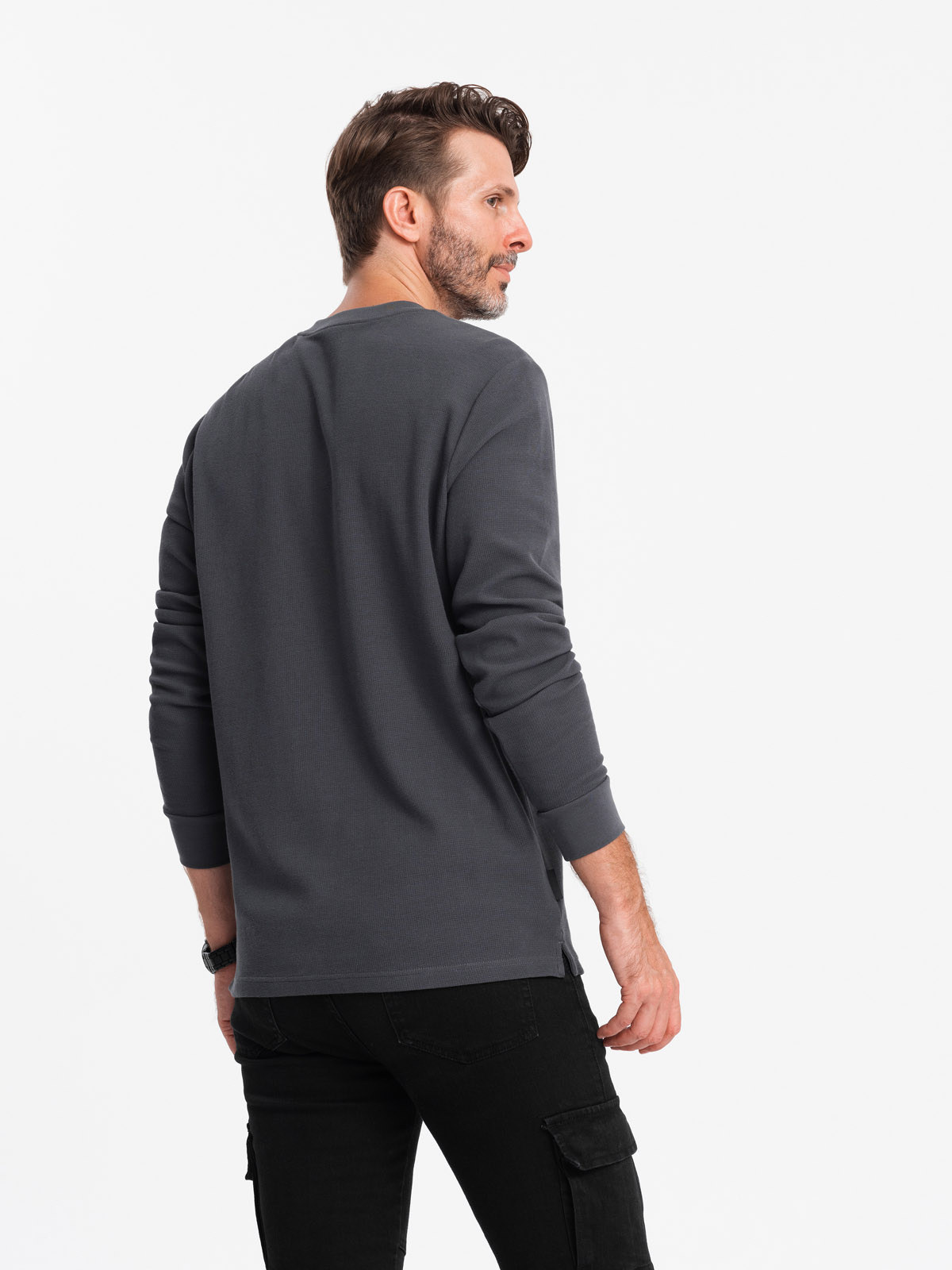 Ombre Men's waffle knit neck button-up longsleeve - graphite