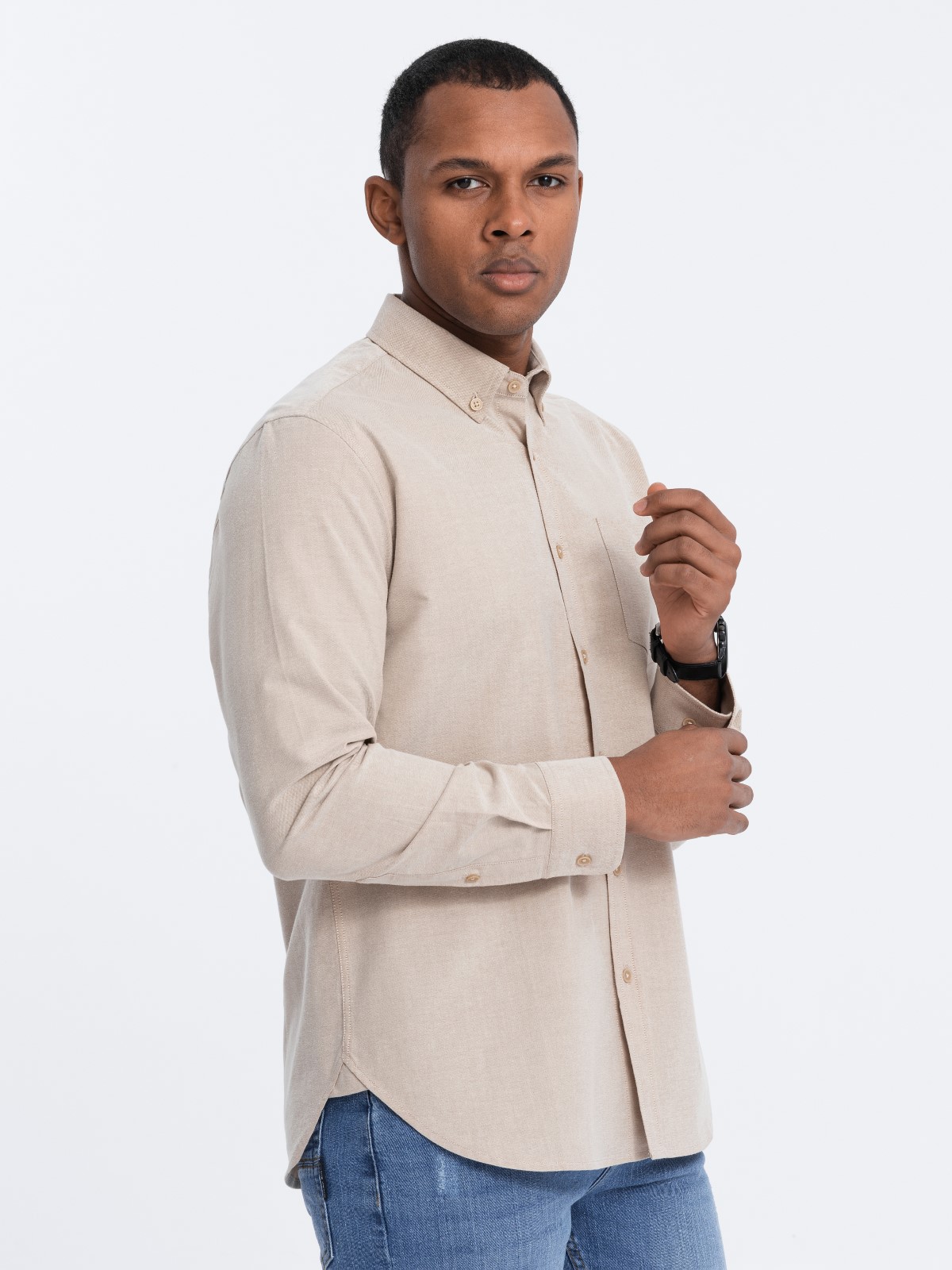 Levně Ombre Men's REGILAR FIT cotton shirt with pocket - beige