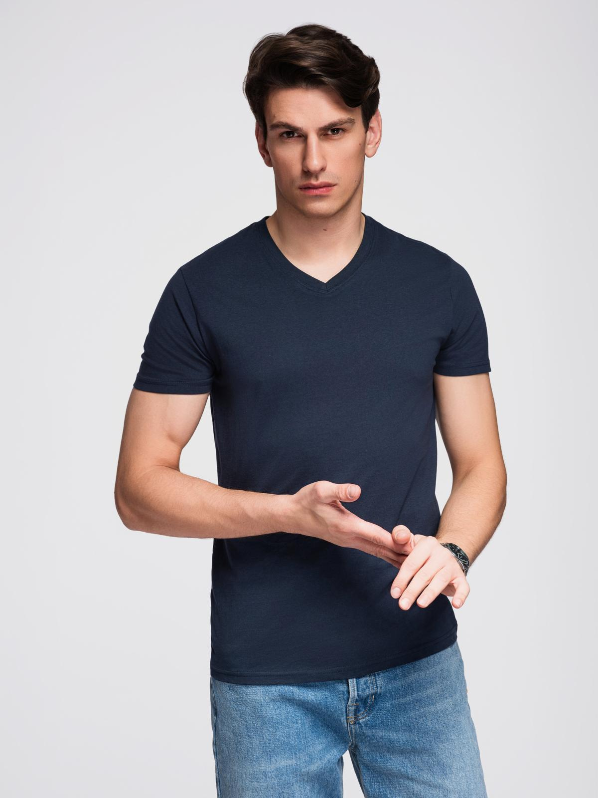Ombre Men's BASIC classic cotton T-shirt with a v-neck - navy blue