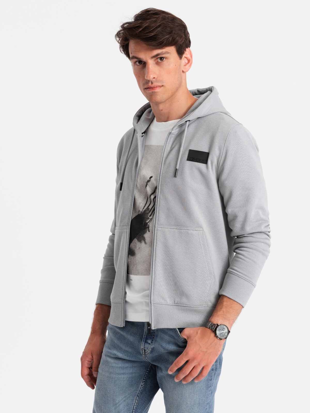Ombre Mens unbuttoned sweatshirt with hood and patch - grey
