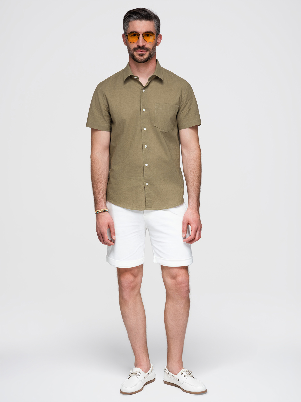Ombre Men's short sleeve cotton and linen shirt with pocket - olive