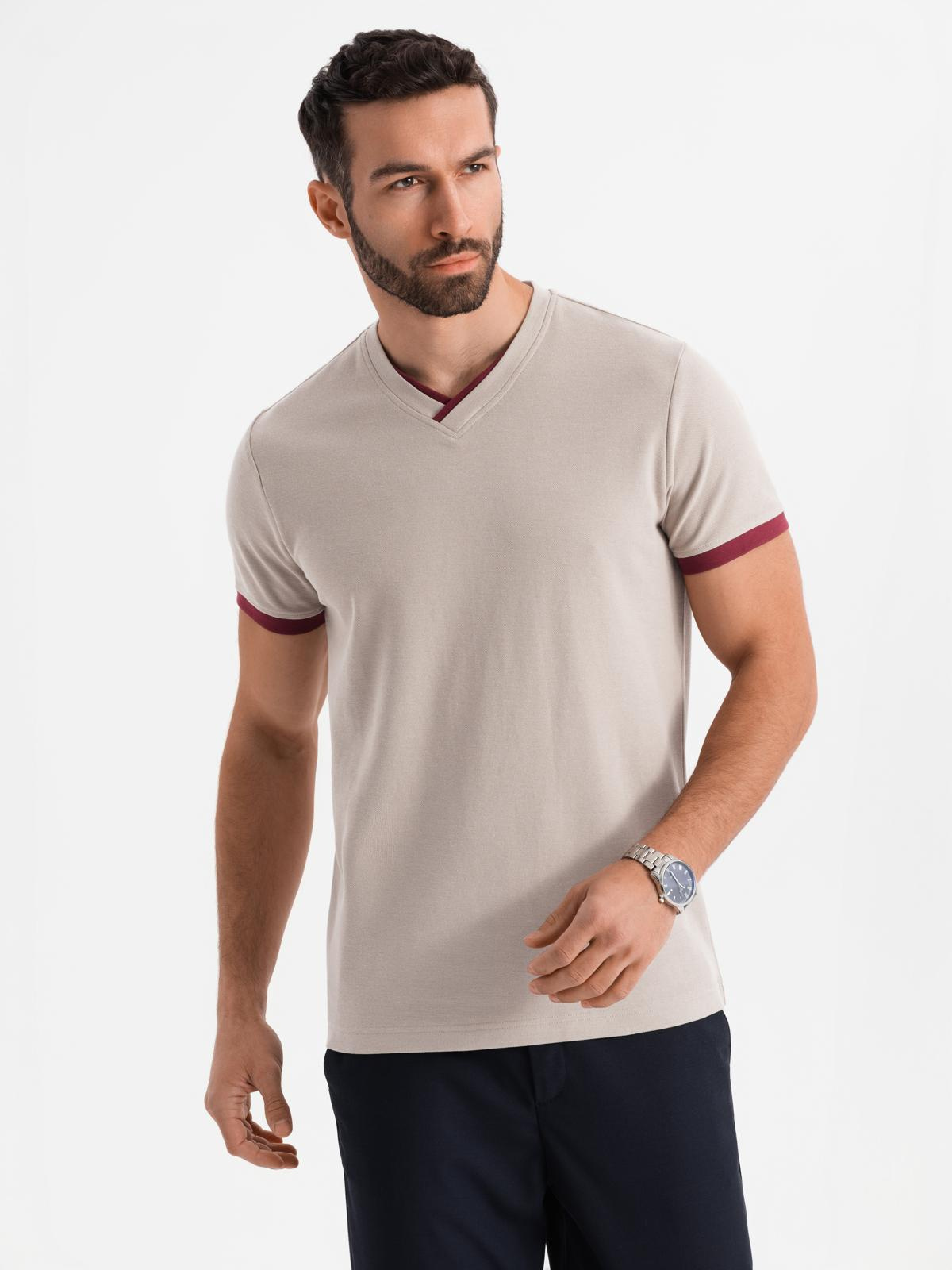 Ombre Men's T-shirt with contrasting inserts and v-neck - beige