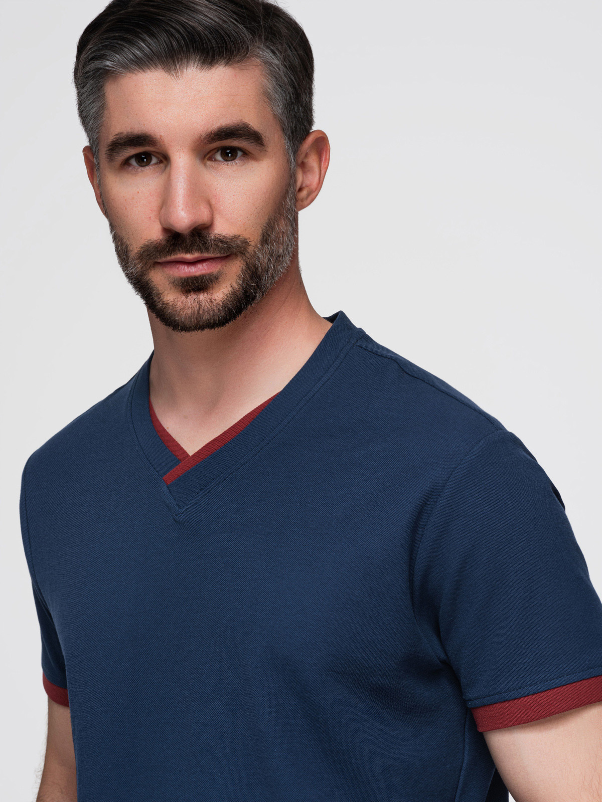 Ombre Men's T-shirt with contrasting inserts and v-neck - navy blue