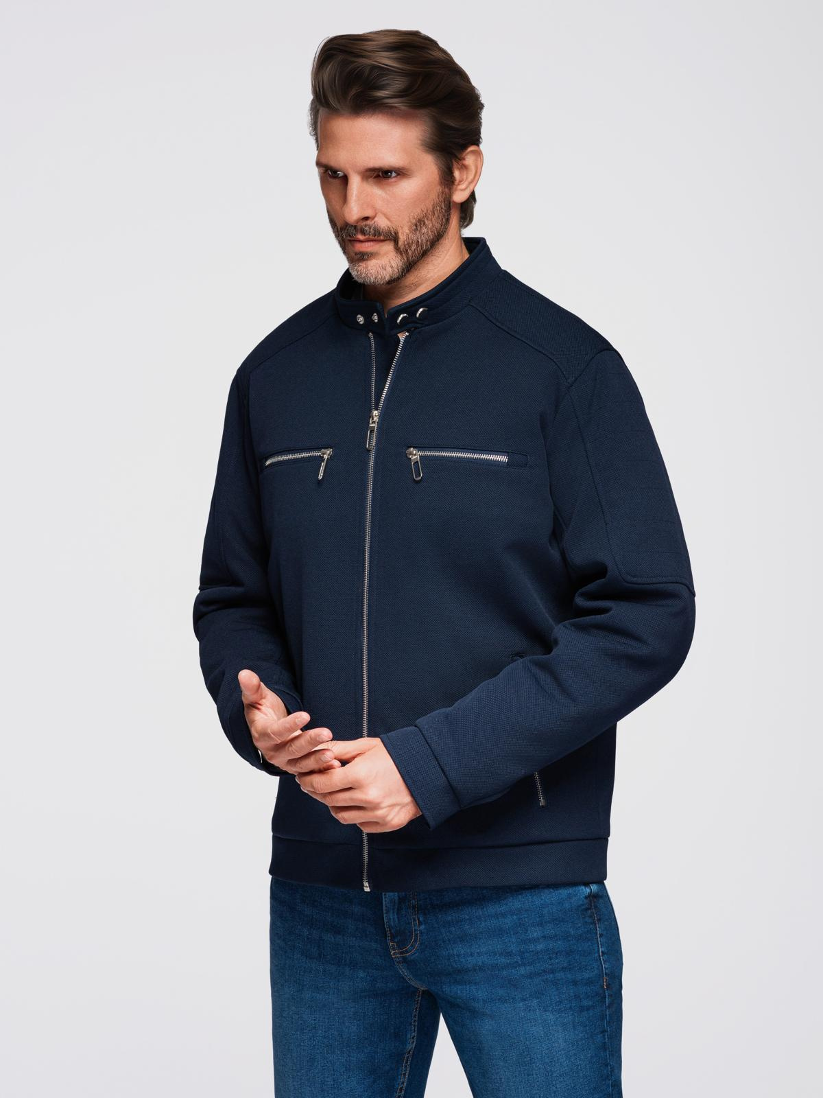 Ombre Men&#039;s biker jacket with collar and pockets - navy blue