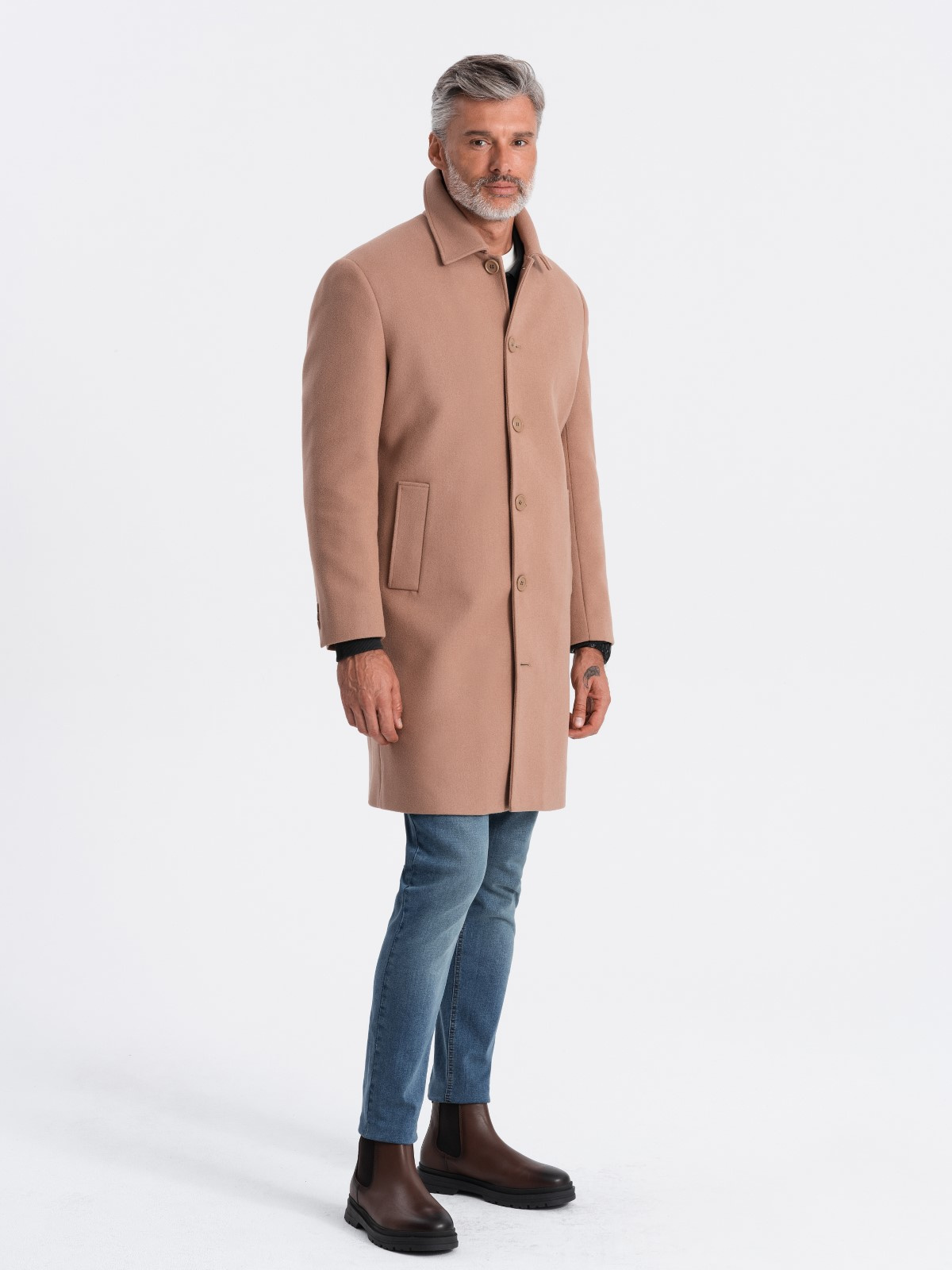Ombre Single-breasted men&#039;s long coat with collar and bolster - brown