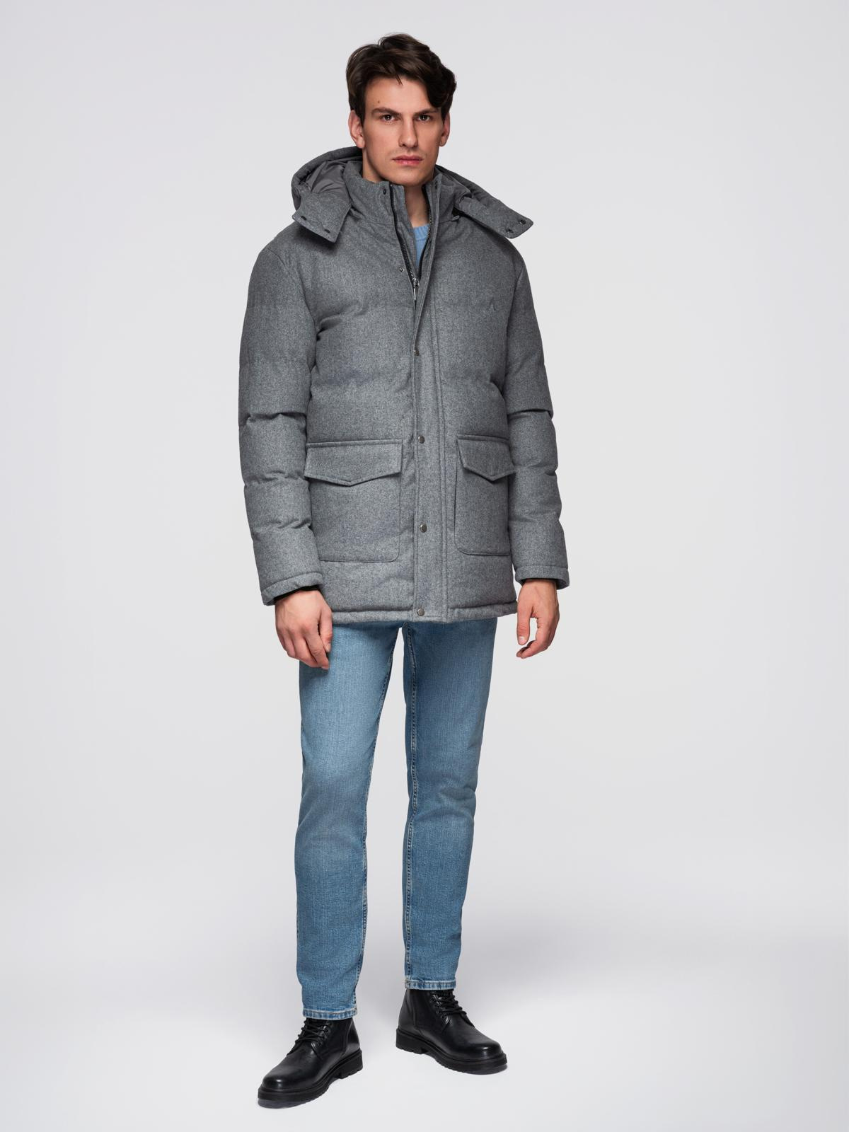 Ombre Warm long men&#039;s parka jacket with wool - grey melange