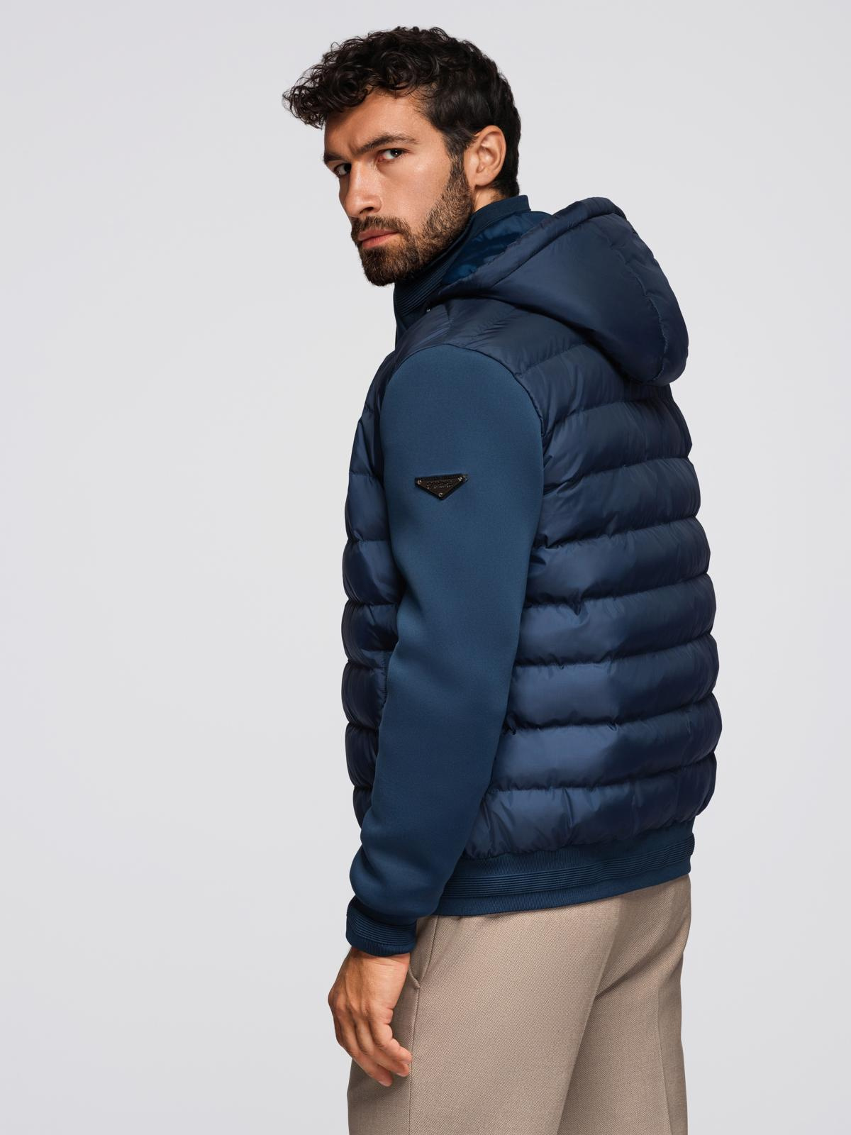 Ombre Quilted bomber jacket with hood and knitted sleeves - navy blue