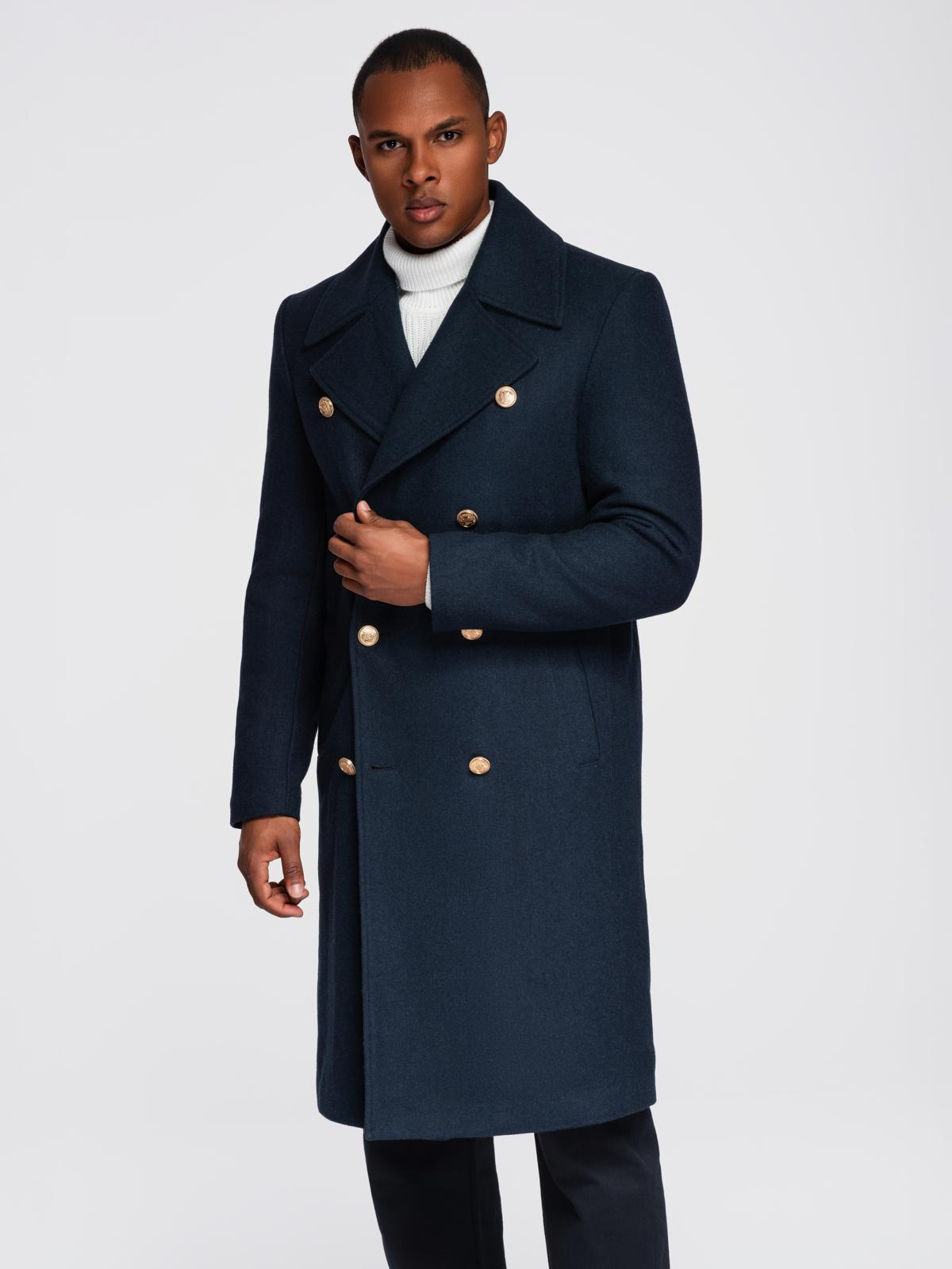 Ombre Men&#039;s navy double-breasted wool coat - navy blue