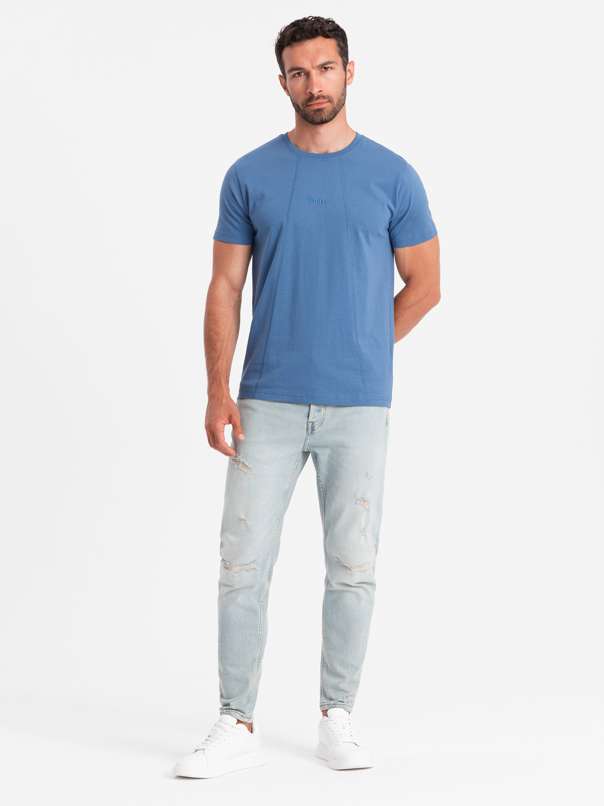 Ombre Men&#039;s cotton T-shirt with fine embroidery - dark blue