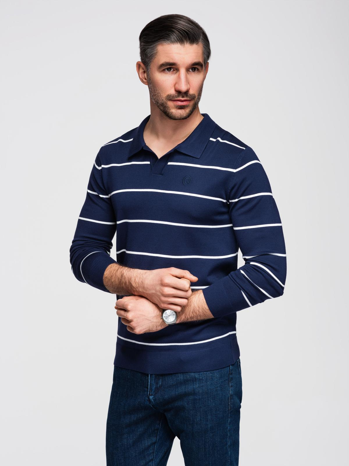 Ombre Men's horizontal striped polo longsleeve with viscose - navy blue and white