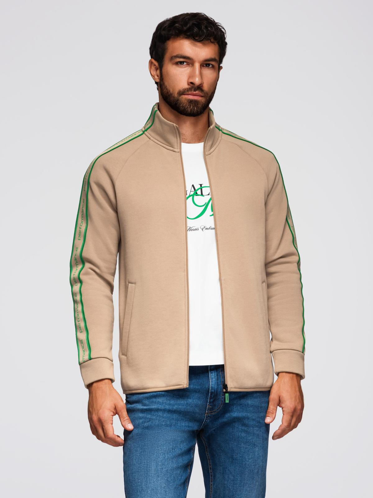 Ombre Men's unbuttoned sweatshirt with piping and high collar - brown