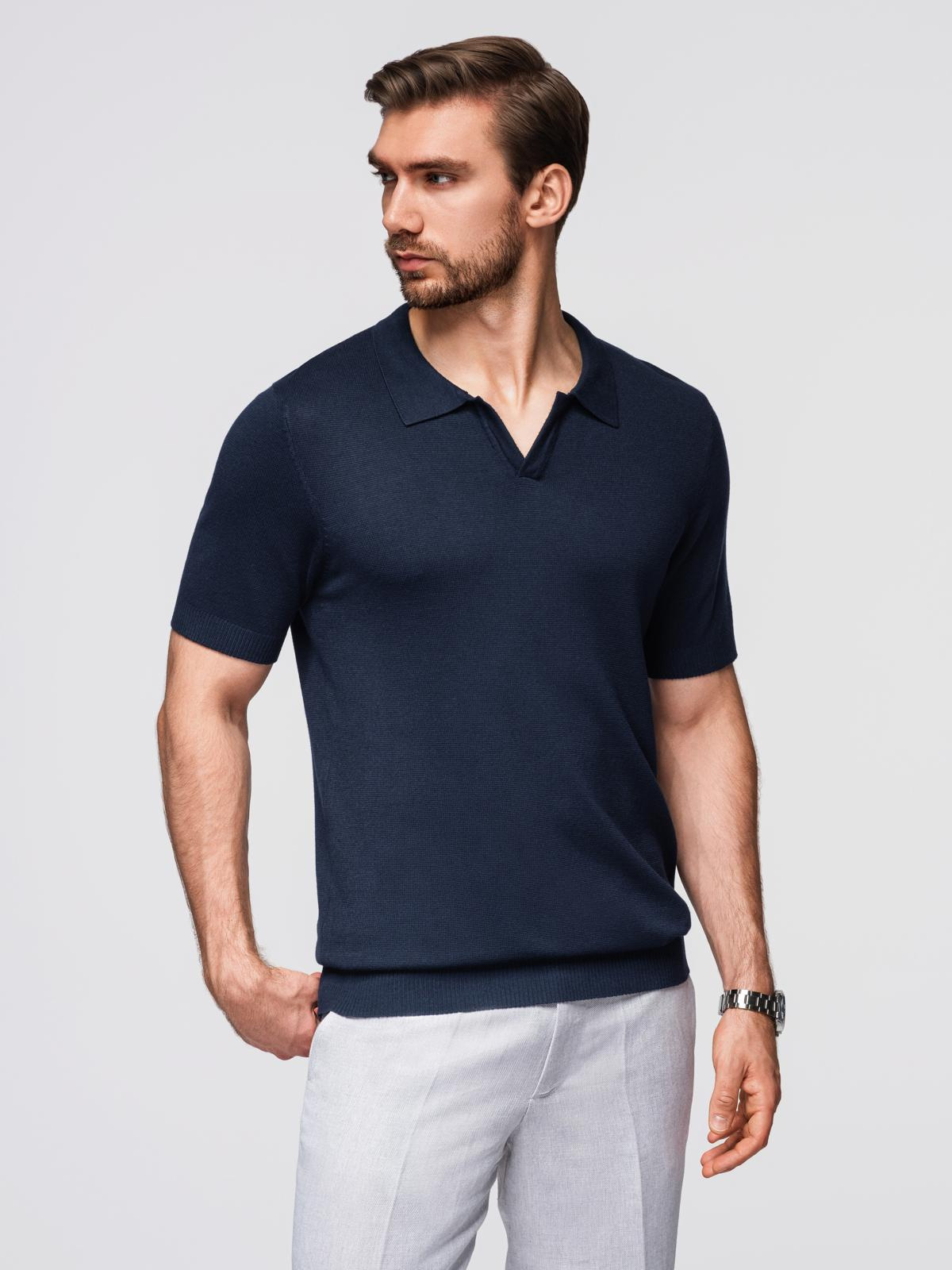 Ombre Men's buttonless polo shirt with classic weave - navy blue