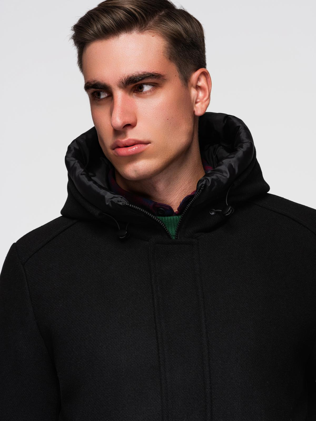 Ombre Men&#039;s parka coat with wool and hood - black