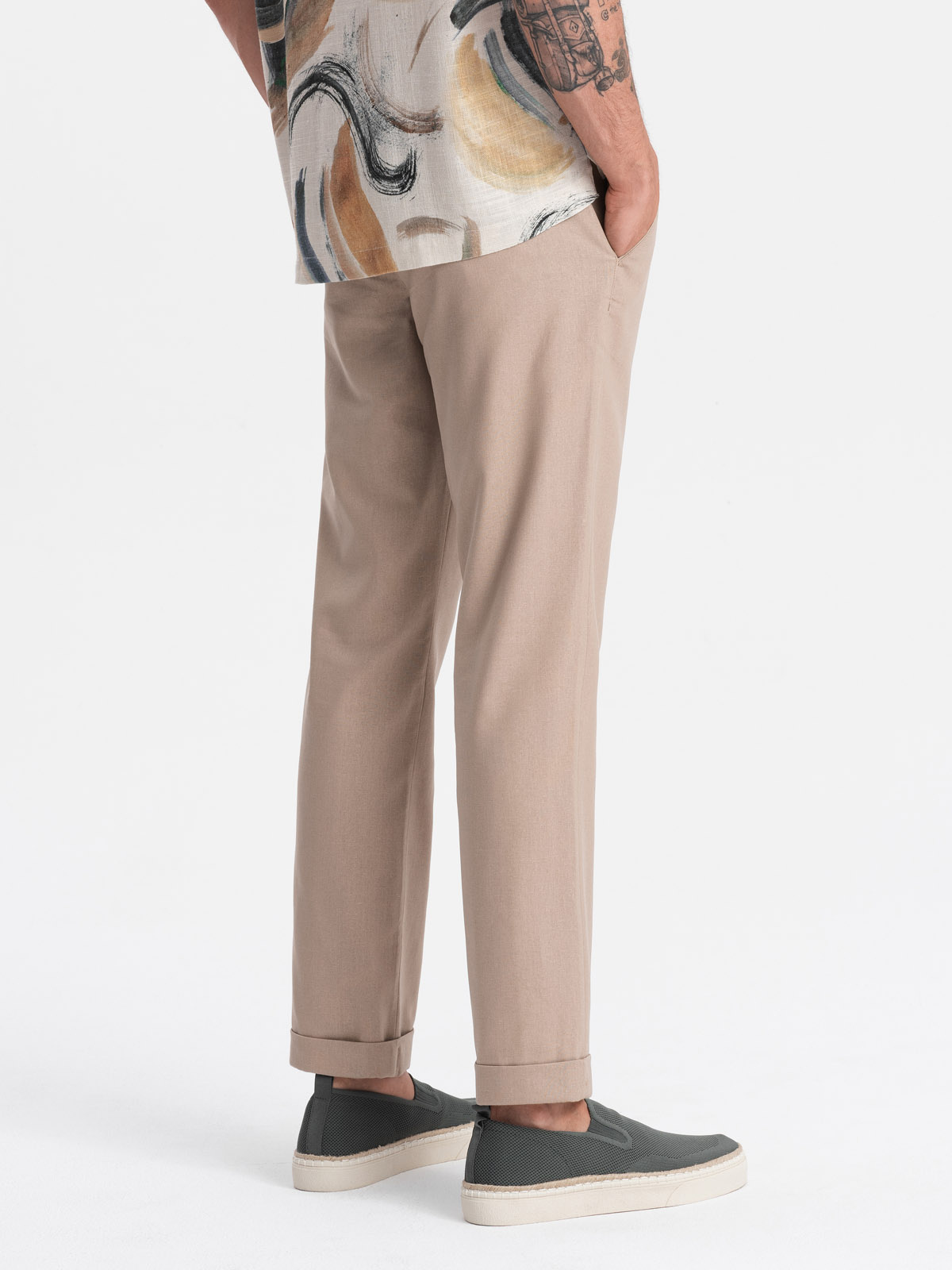 Ombre Men&#039;s linen blend rolled up chino pants - light brown